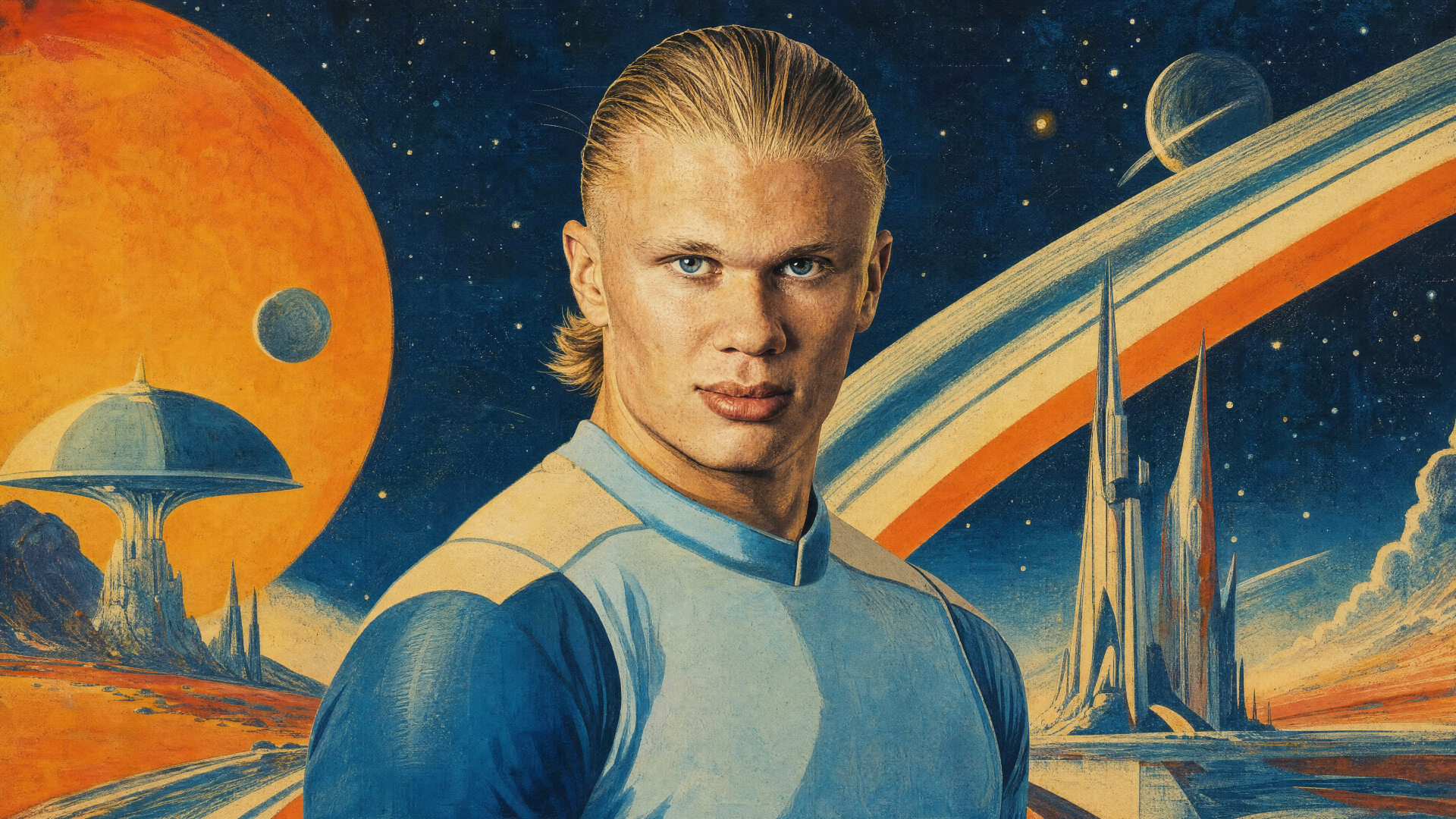 4K Ultra HD PC wallpaper: portrait of a blond male footballer rendered in retro sci‑fi style, with planets and a futuristic skyline set against a starry cosmic background.