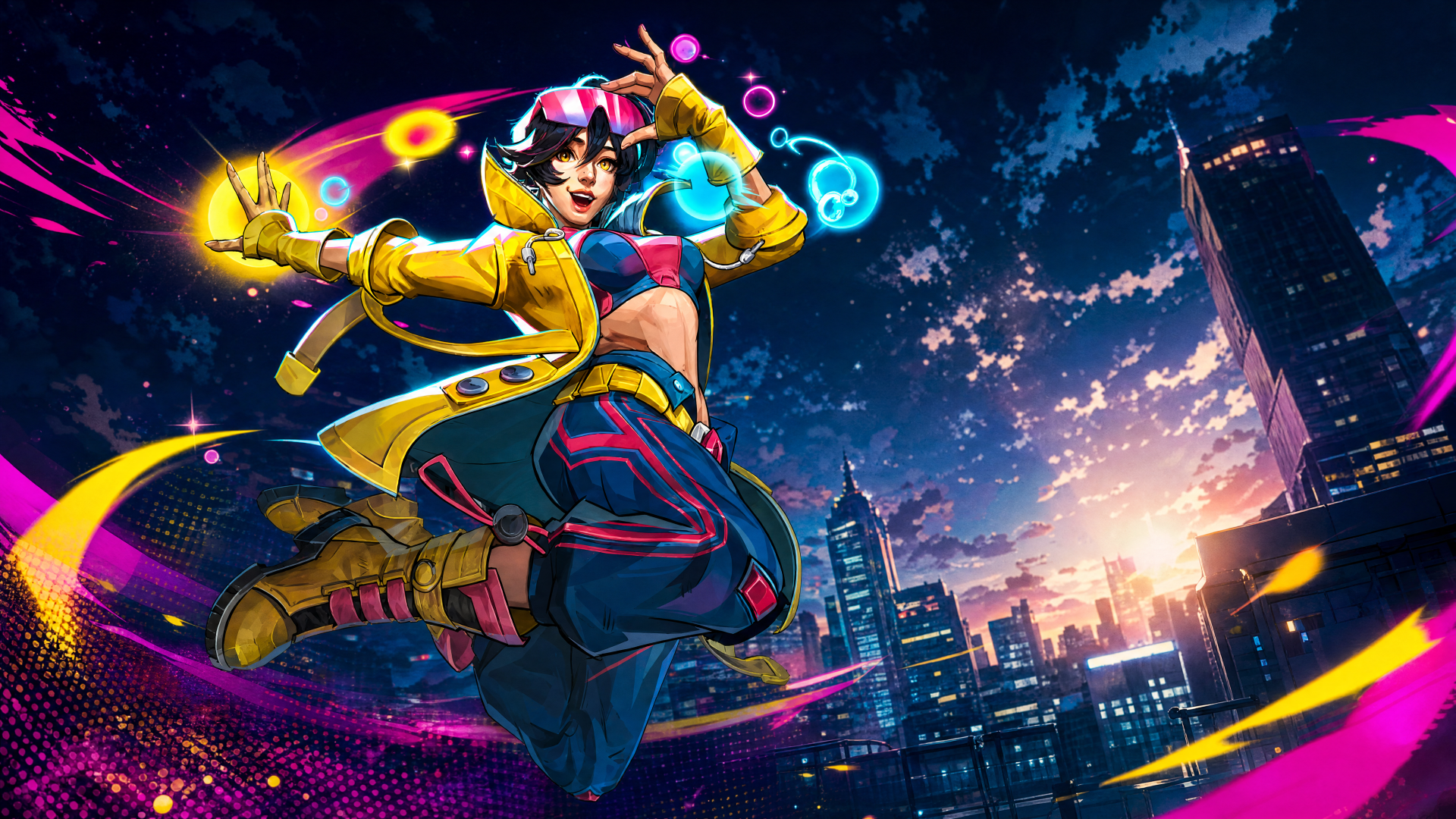 Marvel Rivals video game 4K Ultra HD PC desktop wallpaper and background: a colorful hero leaps with neon energy trails over a glowing city skyline at dusk.