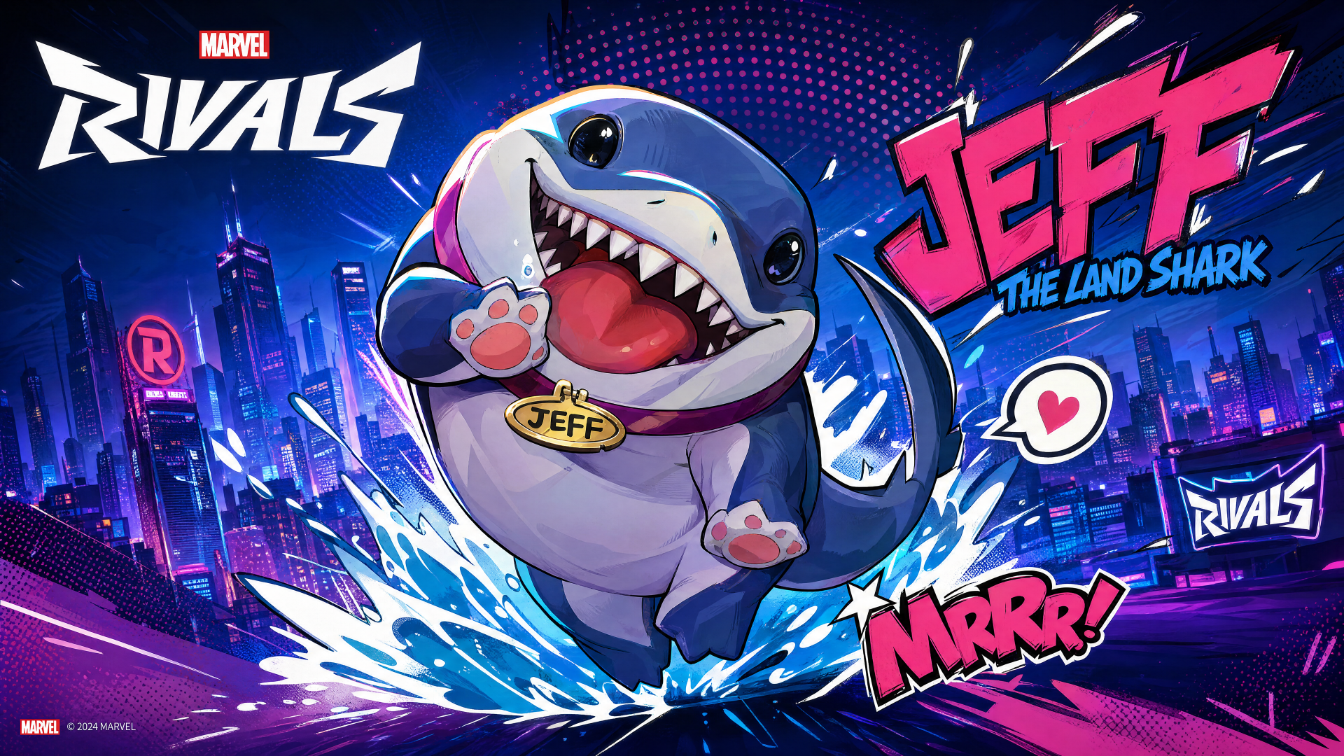 Marvel Rivals 4K Ultra HD PC desktop wallpaper: Jeff the Land Shark bounding through neon city waters, grinning with a name tag, hearts and bold comic-style text.