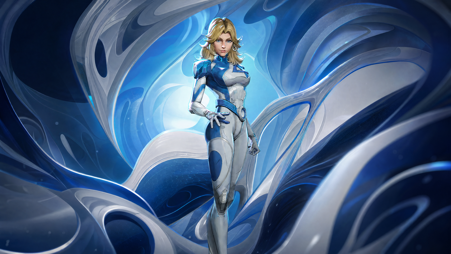 Marvel Rivals 4K Ultra HD PC desktop wallpaper/background: a blonde superhero in a white-and-blue armored suit stands amid swirling blue energy ribbons.