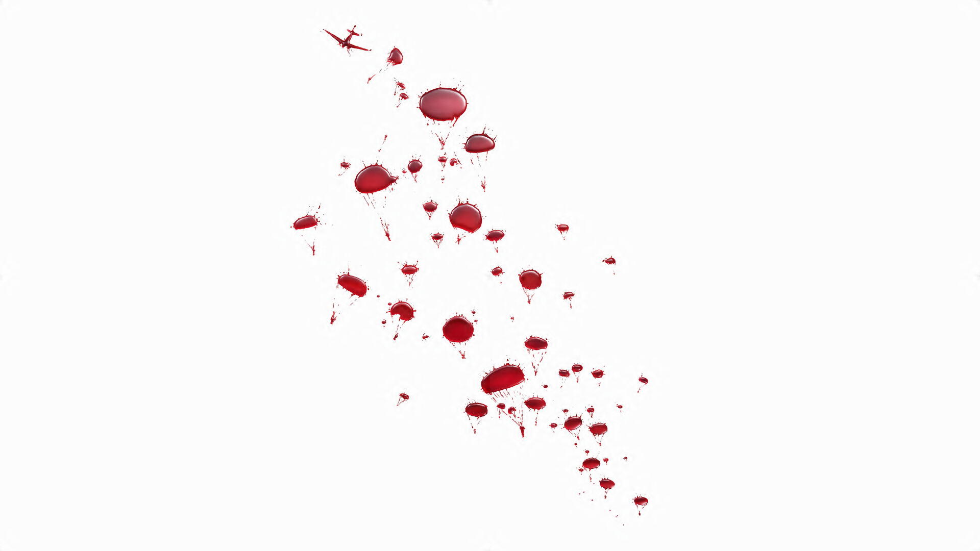Minimalist 4K Ultra HD PC desktop wallpaper: stylized red parachutes and tiny airborne silhouettes scattered across stark white space, evoking Overlord (2018).