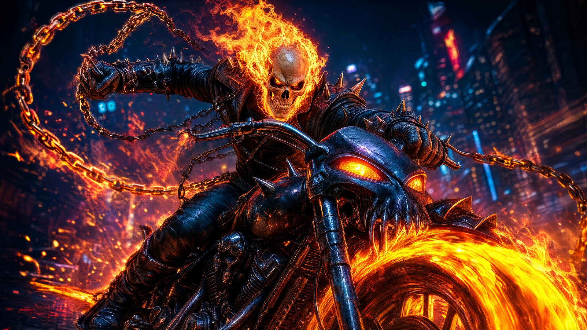 Ghost Rider with a flaming skull, chains and blazing motorcycle tearing through a neon city — 4K Ultra HD PC desktop wallpaper and background.