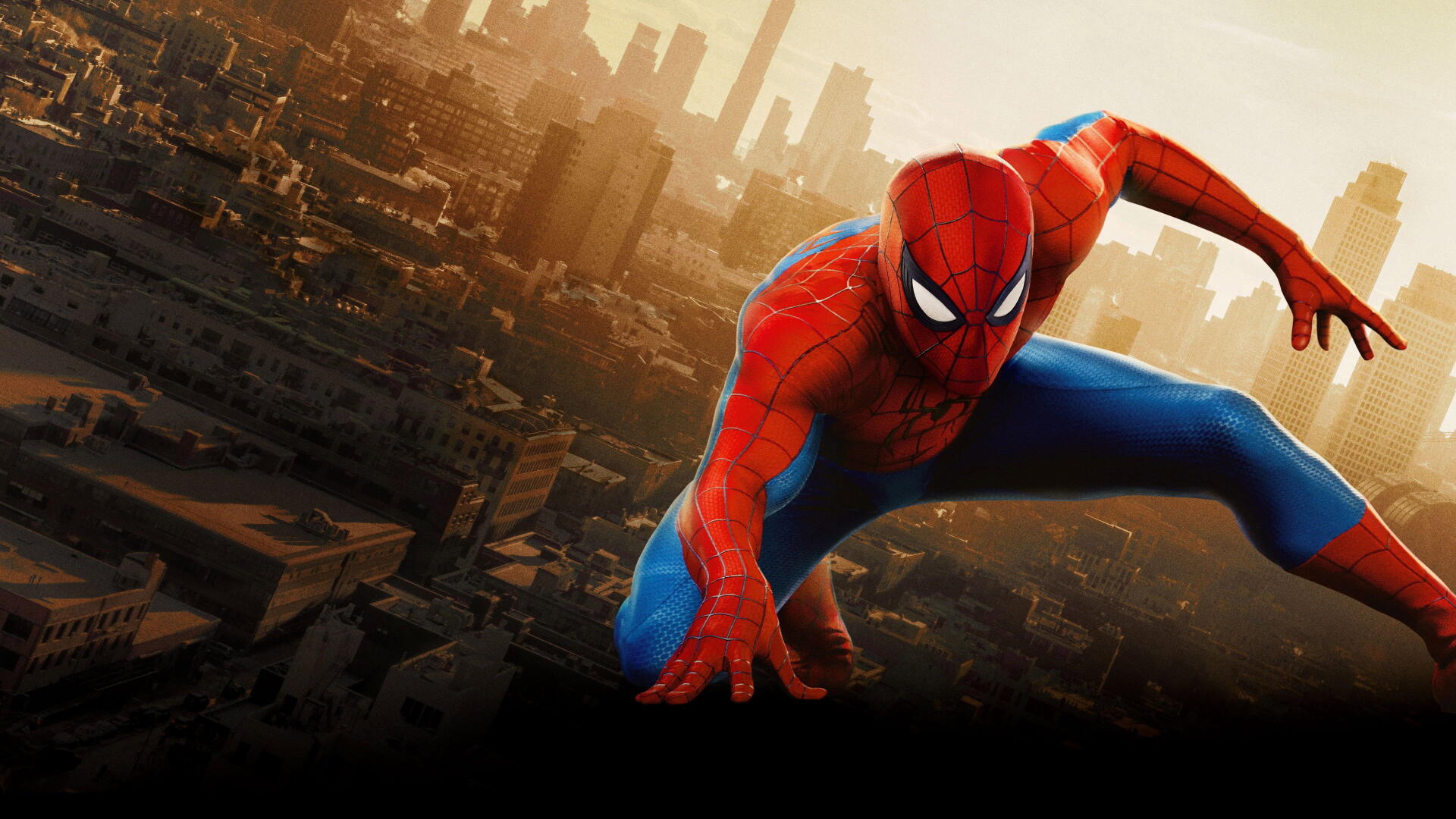 Spider-Man: Brand New Day — Spider-Man crouches on a rooftop overlooking a sunlit city skyline at dusk. 4K Ultra HD PC desktop wallpaper and background.