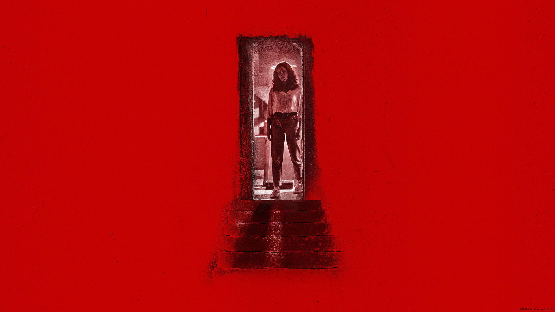 Barbarian (2022) 4K Ultra HD PC desktop wallpaper: lone figure framed in a narrow doorway, silhouetted against a stark blood-red background with steps leading up.