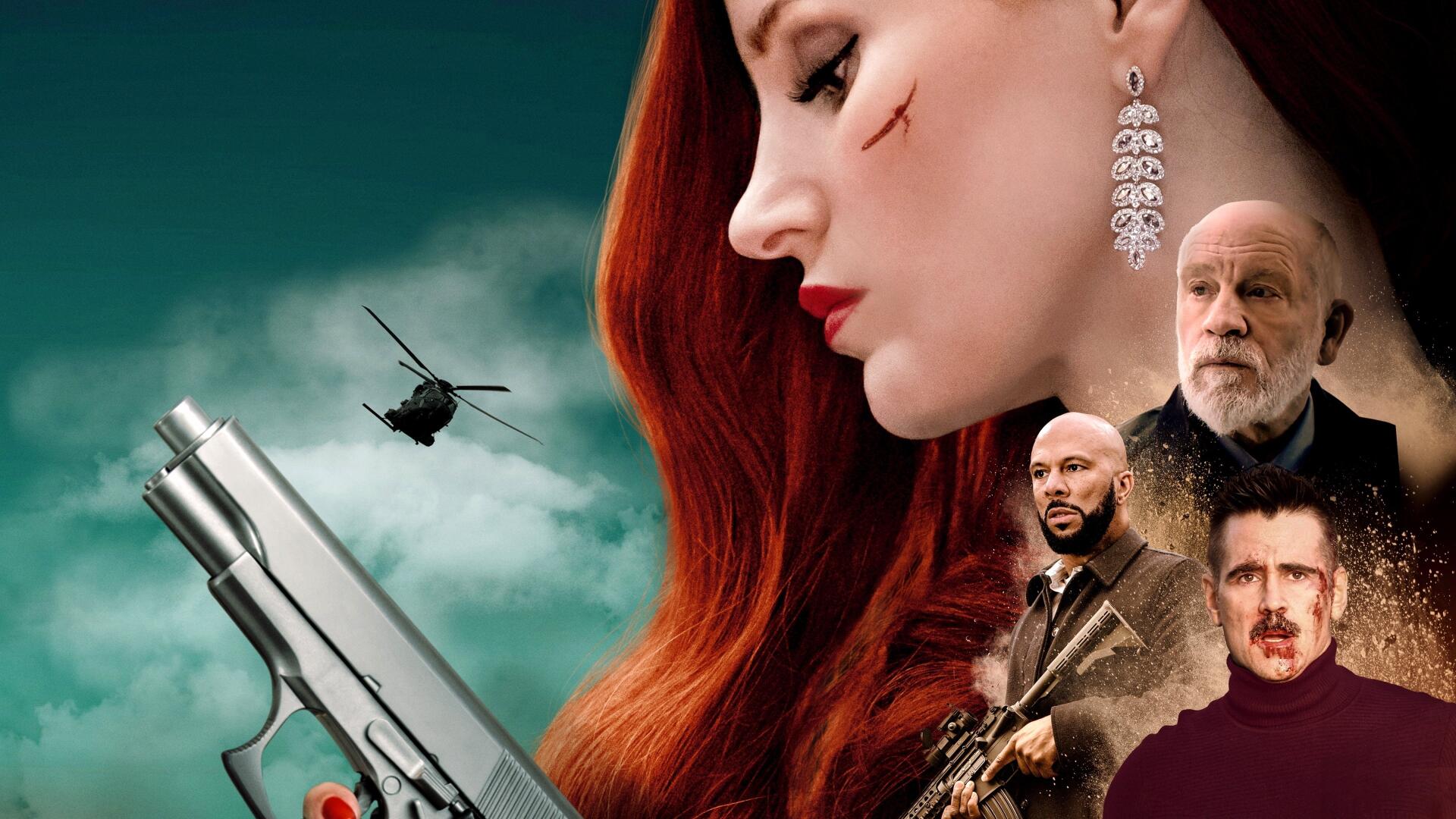 4K Ultra HD PC desktop wallpaper of Ava: close-up of a red-haired woman with a cheek scar and dangling earring, handgun, helicopter over teal clouds, and three men in the background.
