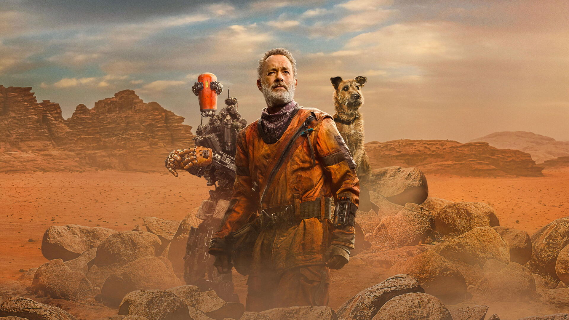 Finch: bearded man in an orange survival suit with a small robot and a dog on a windswept red desert — cinematic 4K Ultra HD PC desktop wallpaper and background.