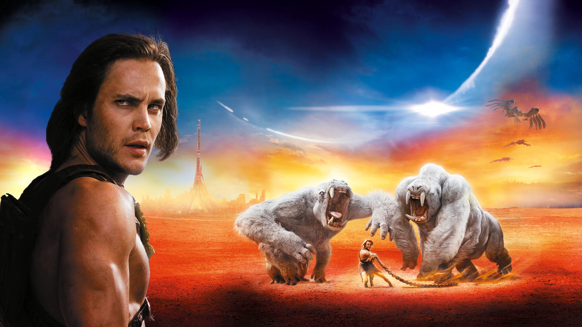 John Carter 4K Ultra HD PC desktop wallpaper and background: lone warrior faces two massive white ape-like beasts on a red desert beneath a crescent planet and vivid twilight sky.