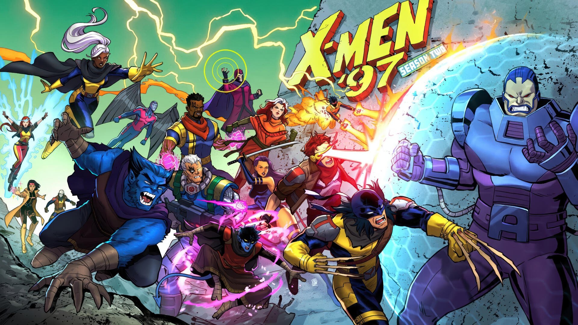 X-Men '97 4K Ultra HD PC desktop wallpaper showing the classic X-Men team charging into battle amid lightning and energy blasts, with a Sentinel looming on the right.