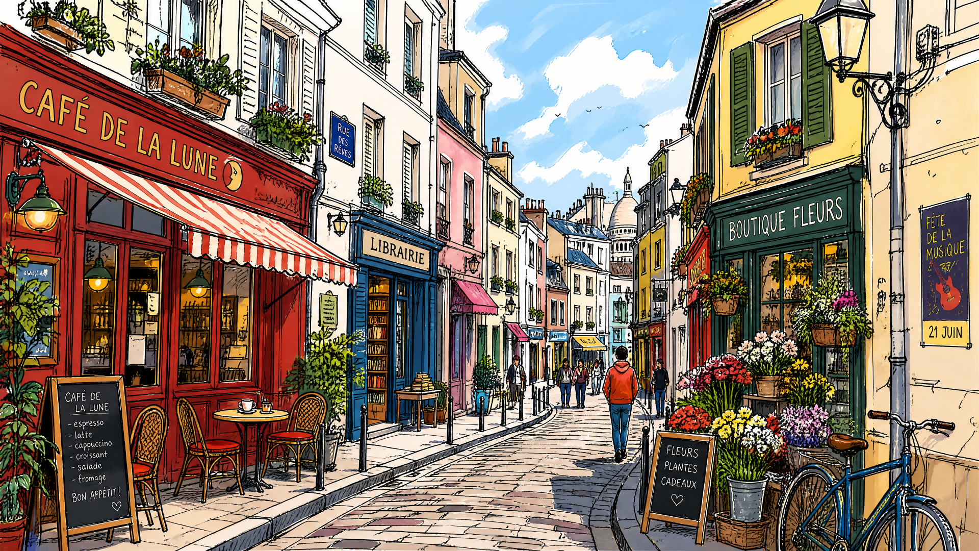 Vibrant street scene in 4K Ultra HD PC desktop wallpaper and background: colorful European cobblestone lane lined with cafés, a boutique and flower stalls, pedestrians under a bright blue sky.