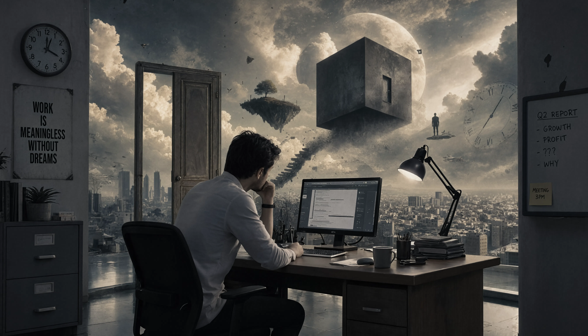 5K Ultra HD PC desktop wallpaper/background: office worker at a desk in a moody office, overlooking a surreal city of floating cubes, stairways and a giant moon.