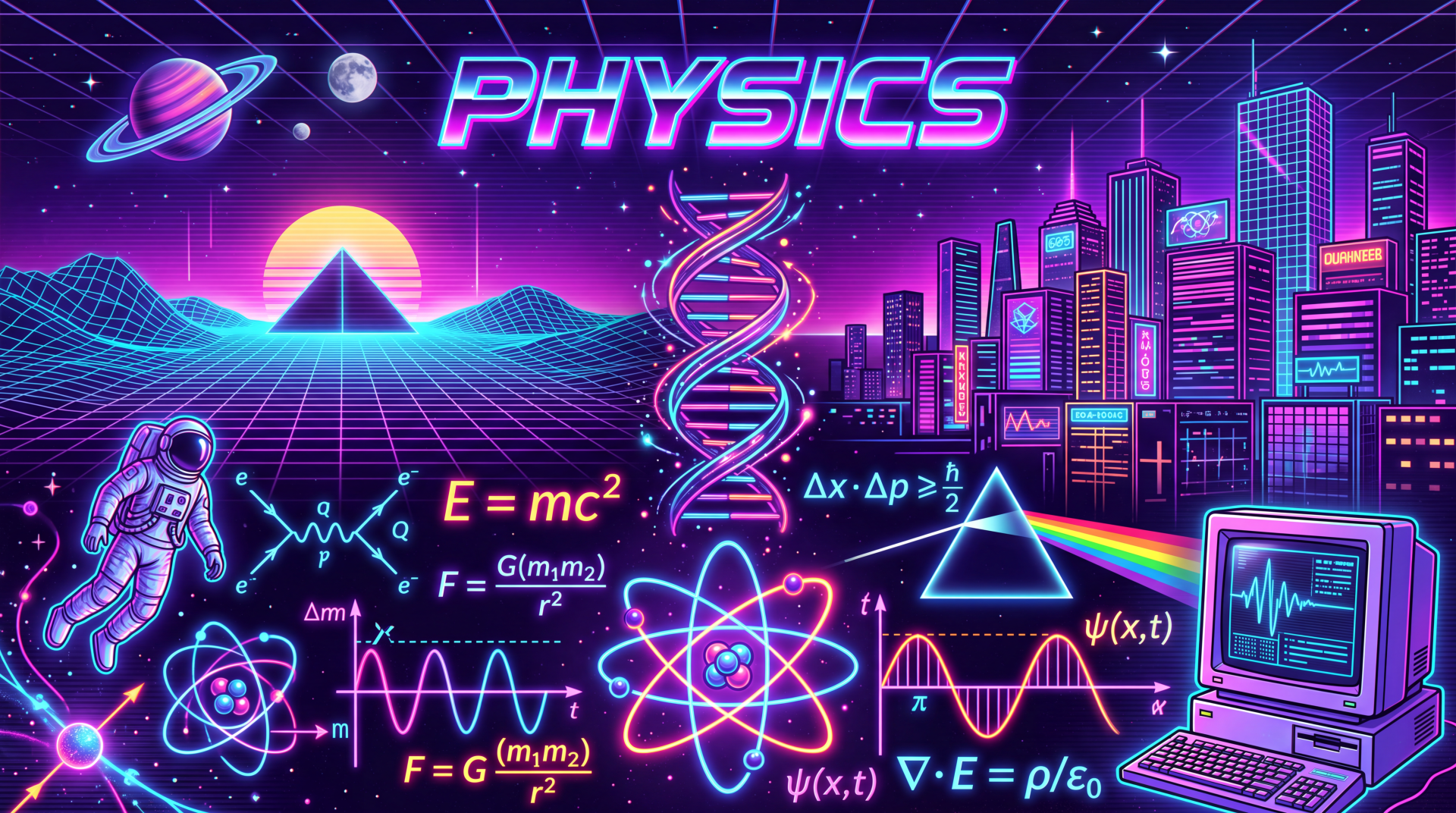 5K Ultra HD PC desktop wallpaper and background: neon synthwave physics collage — PHYSICS title, DNA helix, equations (E=mc², Δx·Δp…), atom diagrams, astronaut, laptop, pyramids and city skyline.