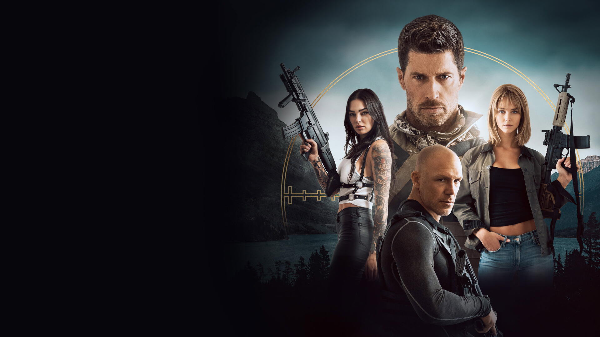 Kill Shot 4K Ultra HD PC Desktop Wallpaper and Background: moody blue-black action scene with four armed characters—bearded man center, two rifle-wielding women and a bald operative.
