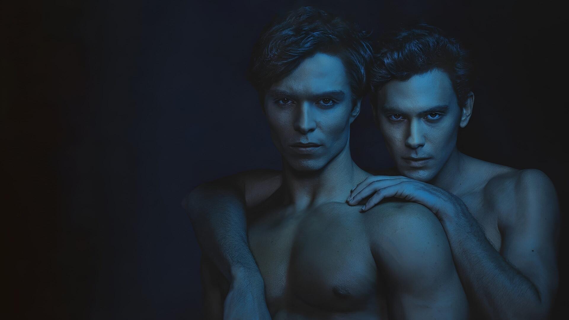 4K Ultra HD PC wallpaper for Monsters: The Lyle and Erik Menendez History showing two shirtless young men in blue light, one with a hand resting on the other's shoulder.