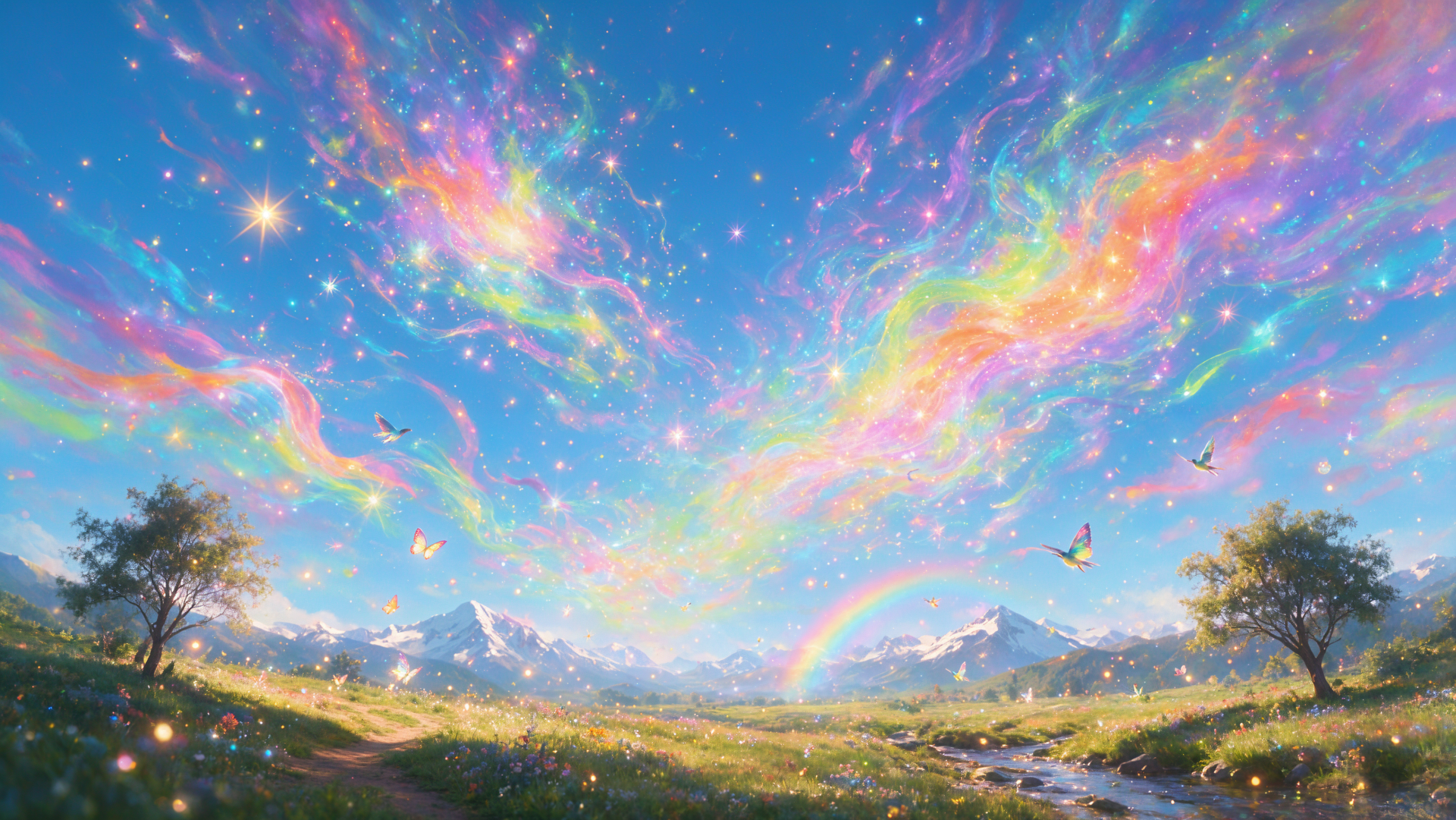 4K Ultra HD PC desktop wallpaper: rainbow-streaked sky above snow-capped mountains, sunlit meadow with a winding stream and butterflies.