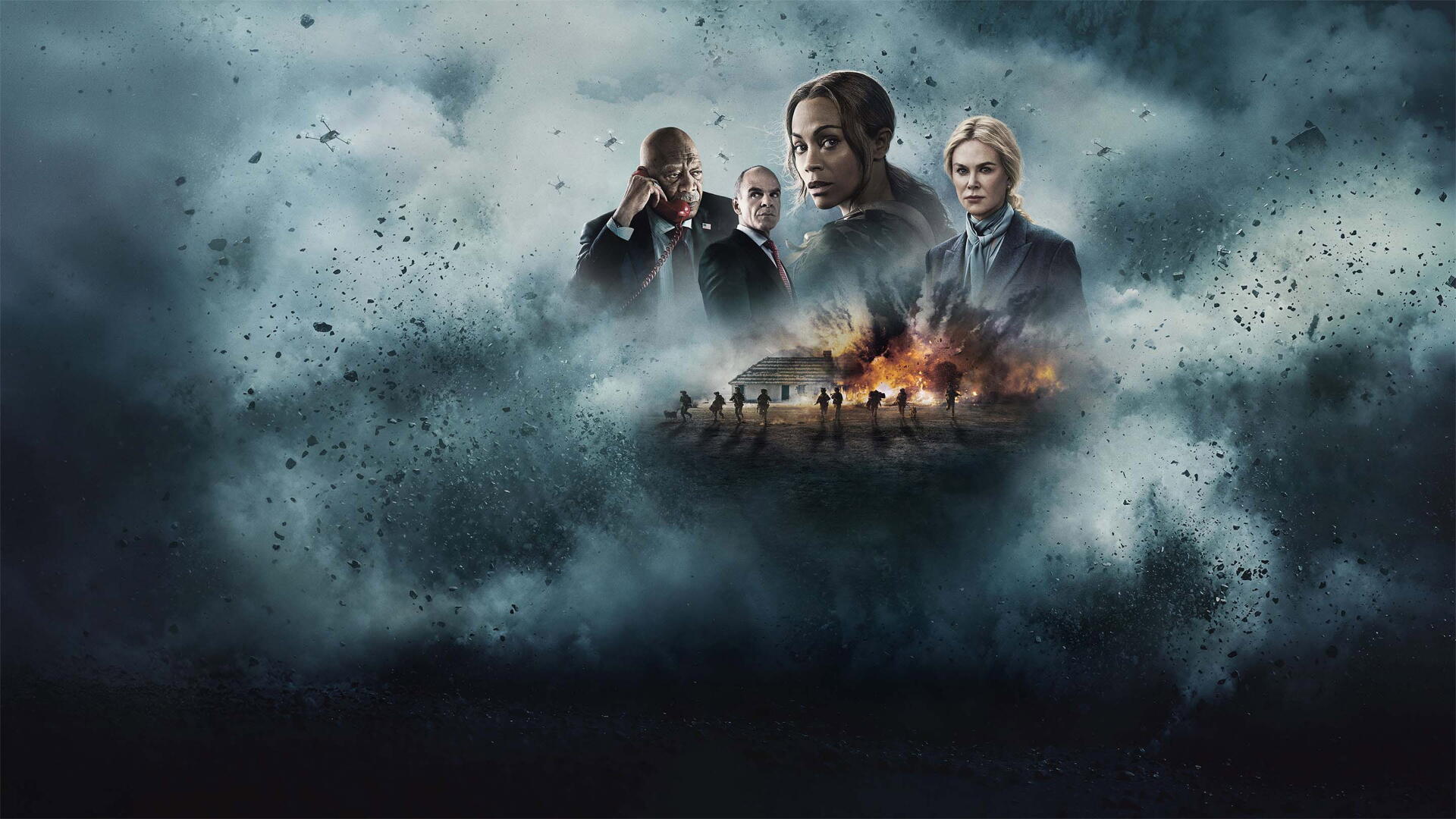 4K Ultra HD PC desktop wallpaper for Special Ops: Lioness — three figures and a commander emerge from swirling smoke above a fiery explosion and silhouetted squad.