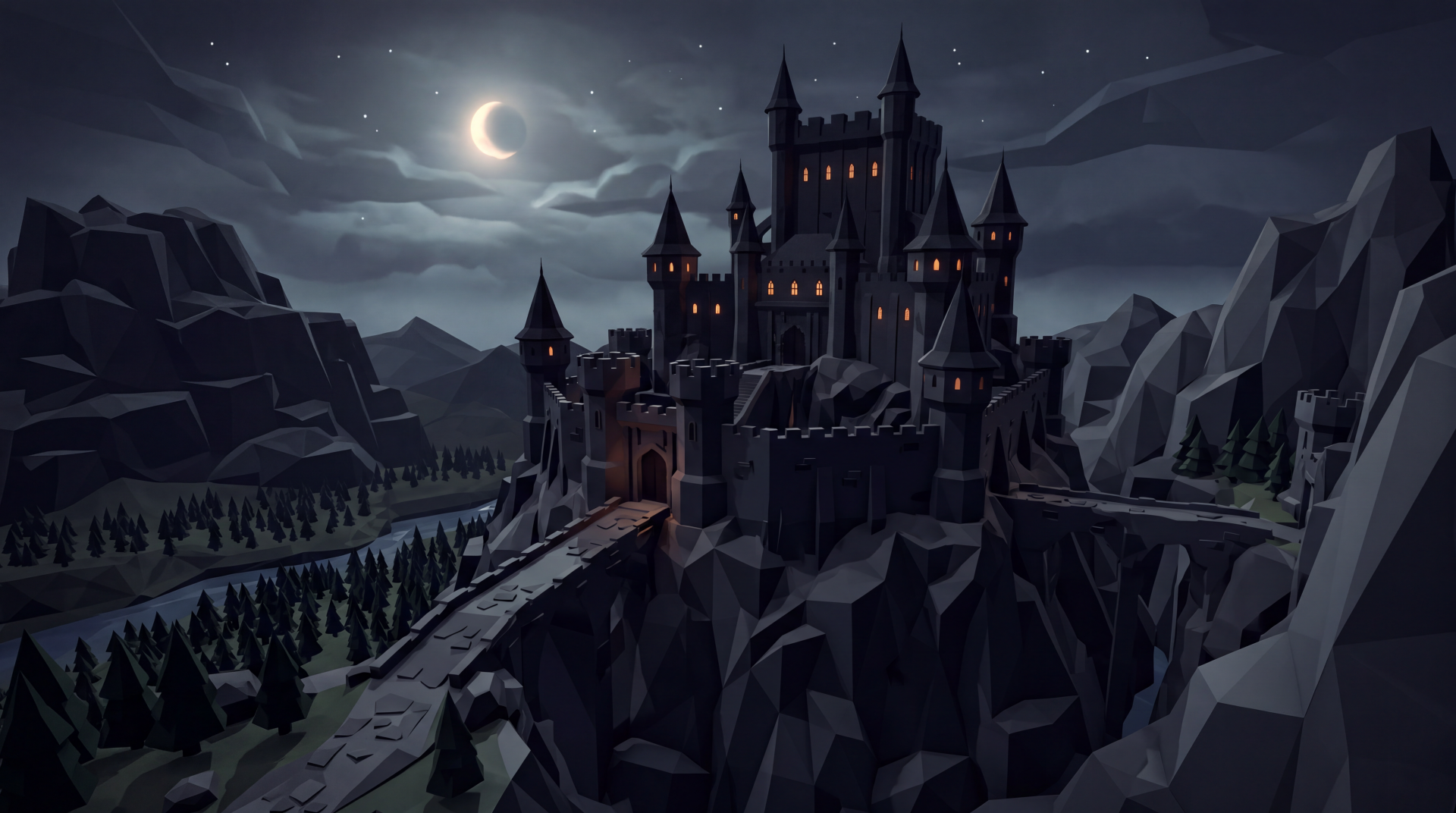 Dark fortress on jagged cliffs under a crescent moon, spires and glowing windows, atmospheric night scene — 5K Ultra HD PC desktop wallpaper/background.