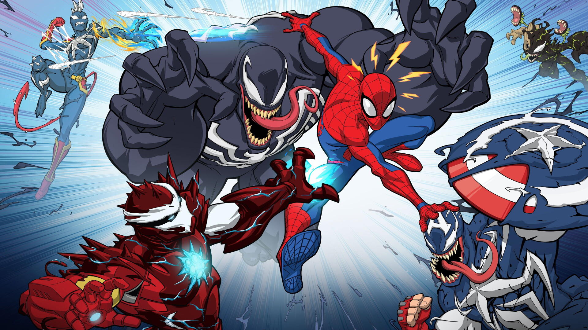 Marvel's Spider-Man 4K Ultra HD PC desktop wallpaper and background: Spider-Man leaps amid Venom, Carnage and other symbiote foes in a high-energy, comic-style action burst.