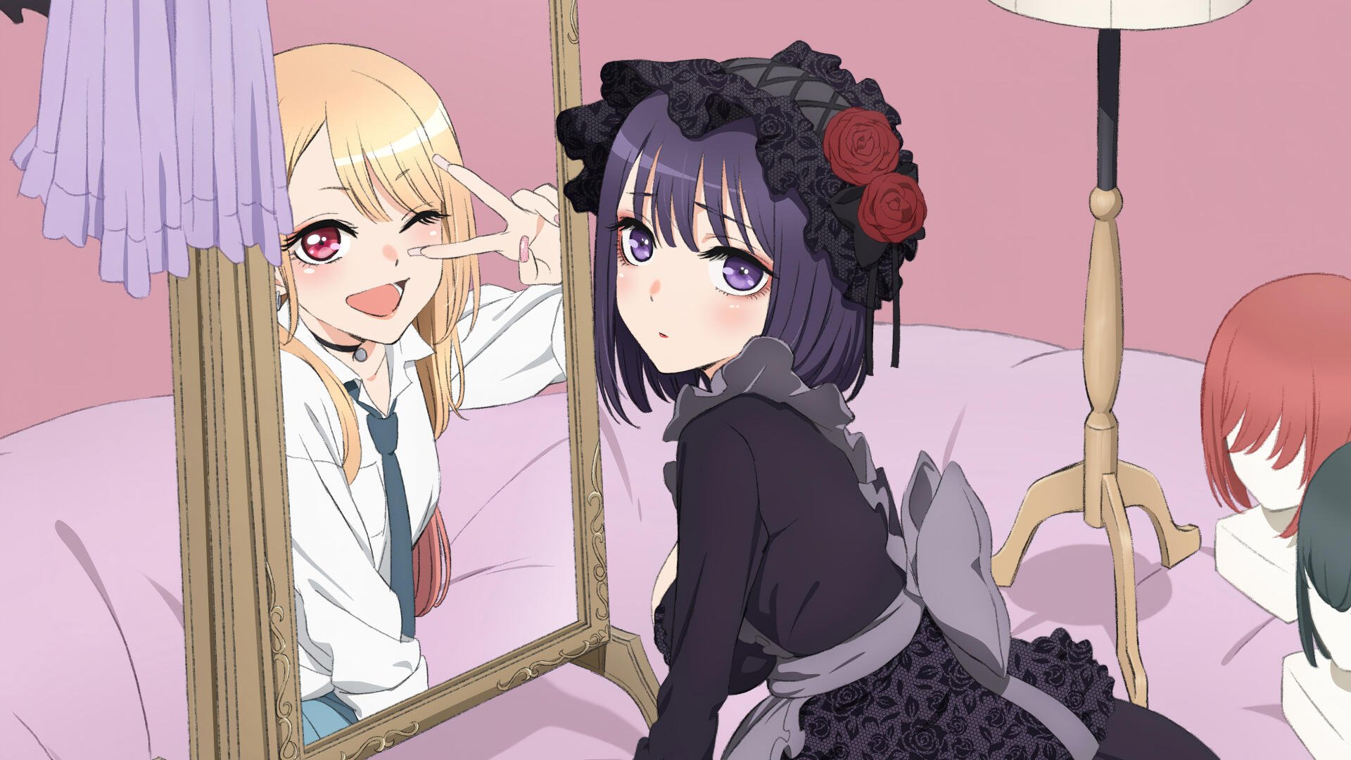 My Dress-Up Darling anime 4K Ultra HD PC wallpaper: dark-haired girl in a black gothic-lolita dress poses at a mirror while a blonde friend winks in a pink room.