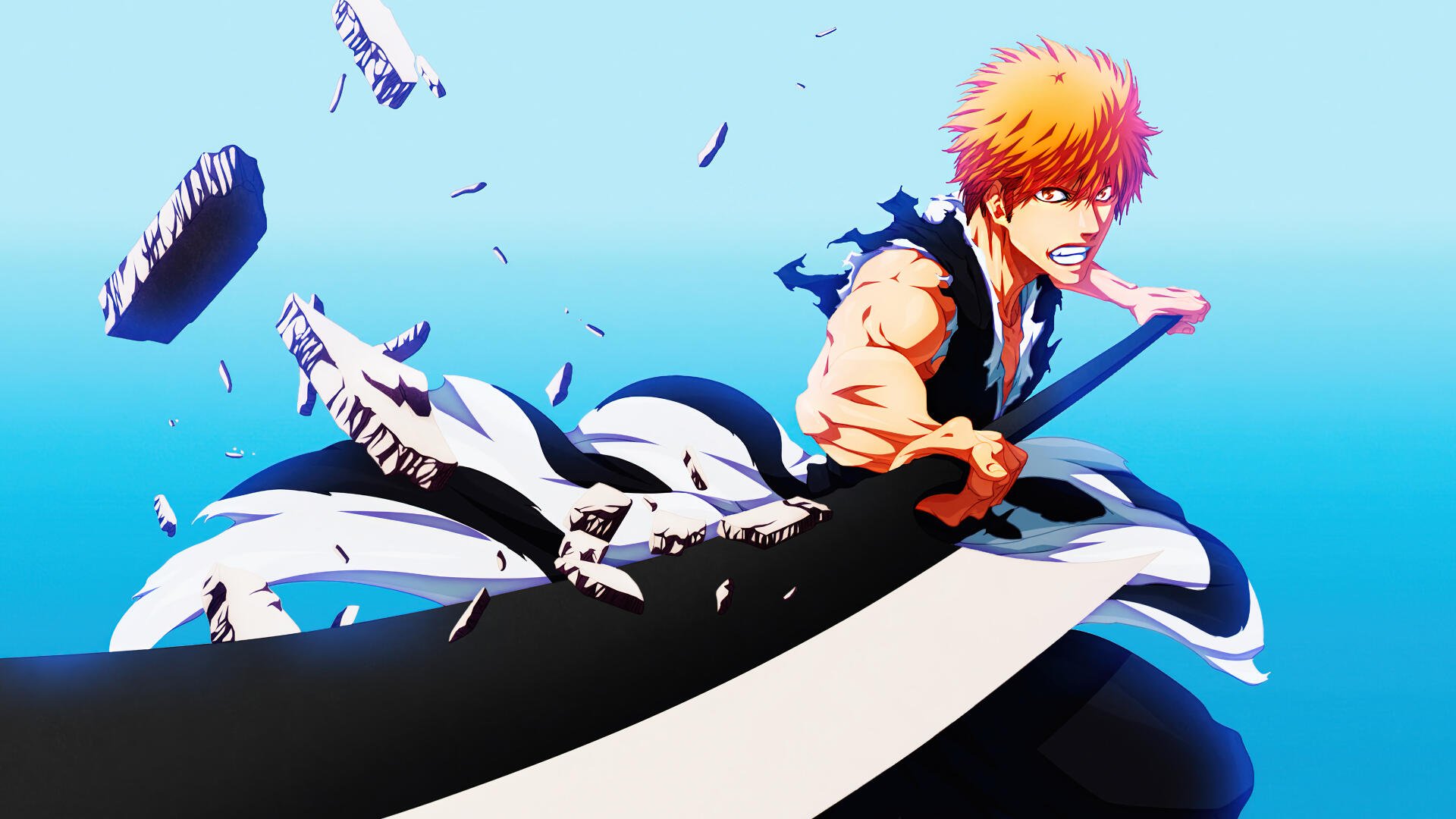 Ichigo Kurosaki from Bleach: Thousand-Year Blood War lunging with his Zanpakutō amid flying debris, dynamic 4K Ultra HD PC desktop wallpaper background.