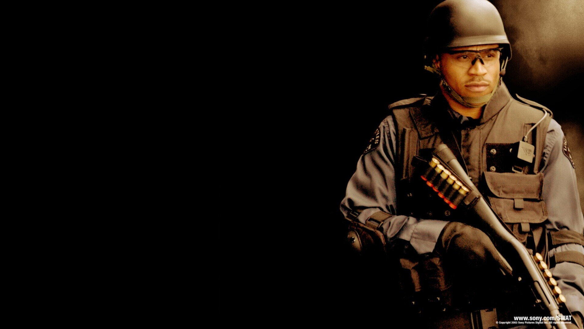 S.W.A.T. (2003) HD PC desktop wallpaper/background: armed S.W.A.T. officer in helmet and tactical gear holding a shotgun at right against a stark black background.