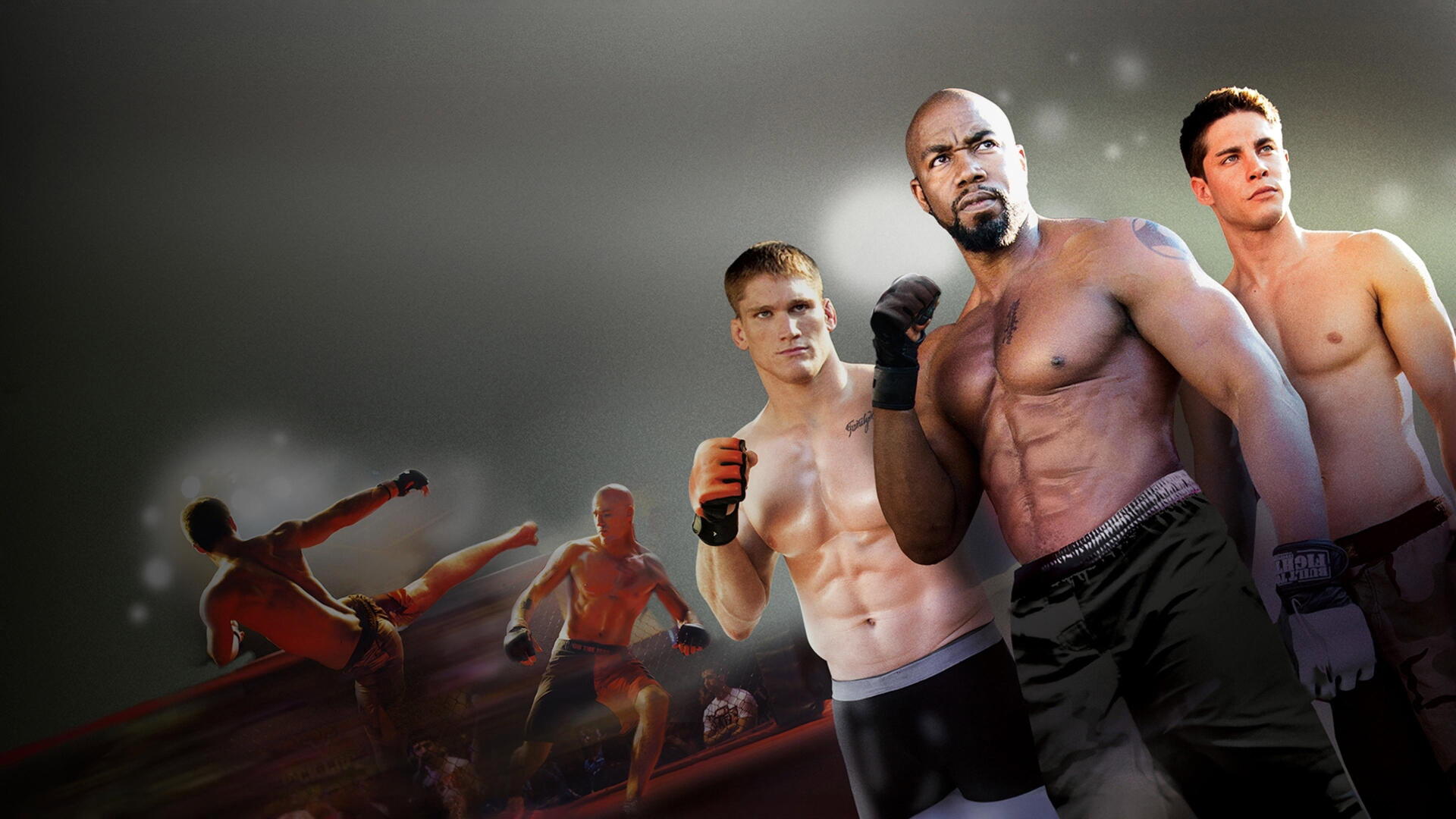 Three shirtless MMA fighters pose in a ring with blurred combat silhouettes behind — 4K Ultra HD PC desktop wallpaper, Never Back Down 2.