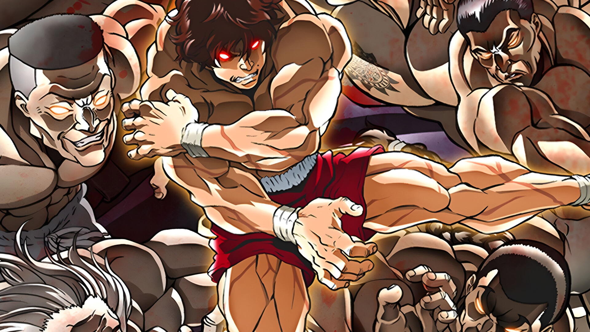Baki Hanma anime: ripped Baki in red shorts delivers a powerful kick amid rival fighters, red-eyed and mid-motion — 4K Ultra HD PC desktop wallpaper background