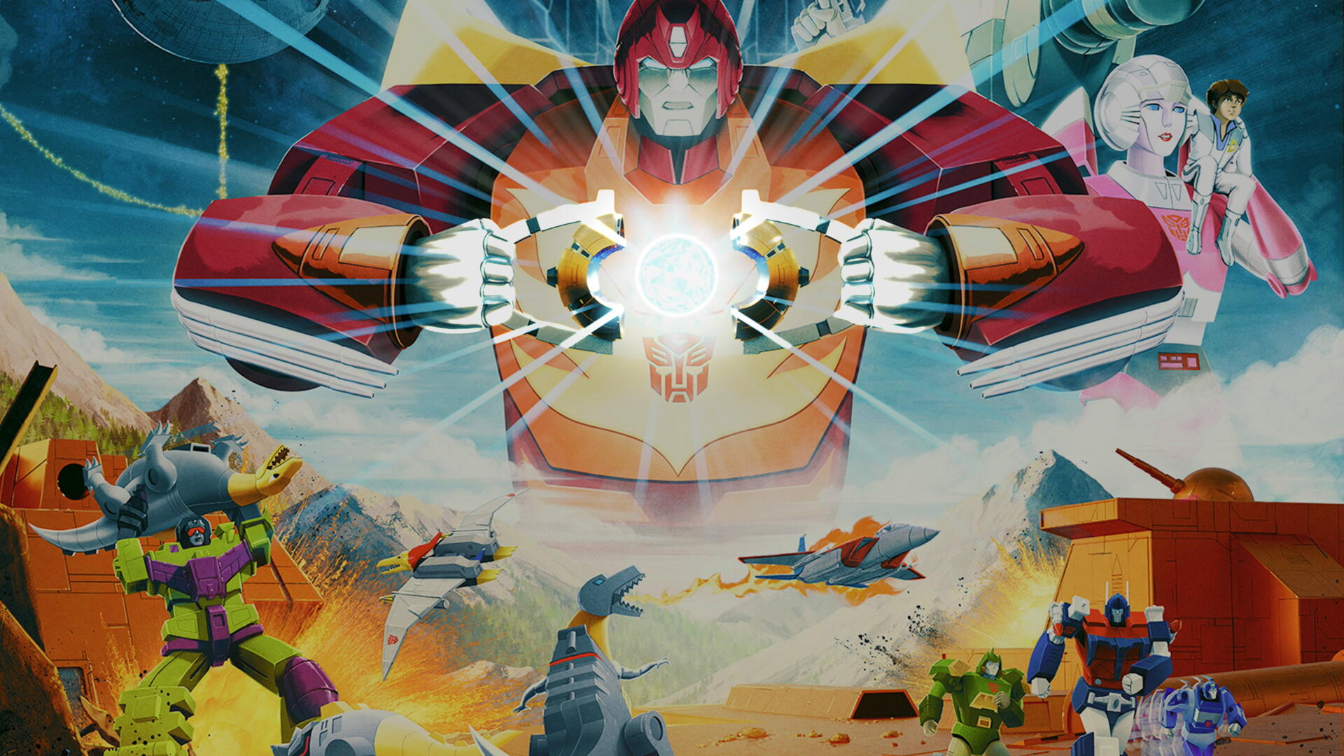 Transformers: The Movie 4K Ultra HD PC desktop wallpaper and background: towering Autobot clutching a glowing Matrix as jets and smaller robots battle across a vivid desert landscape.