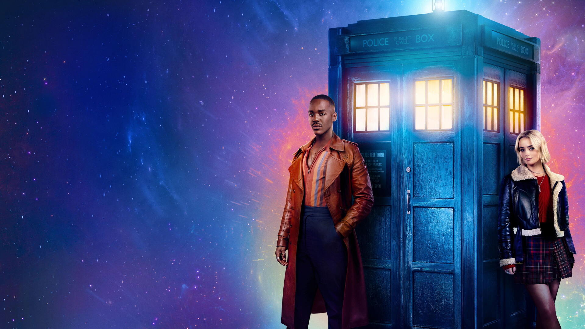 Doctor Who (2023) 4K Ultra HD PC desktop wallpaper and background: two characters stand by a glowing blue TARDIS against a vibrant, starry nebula sky.