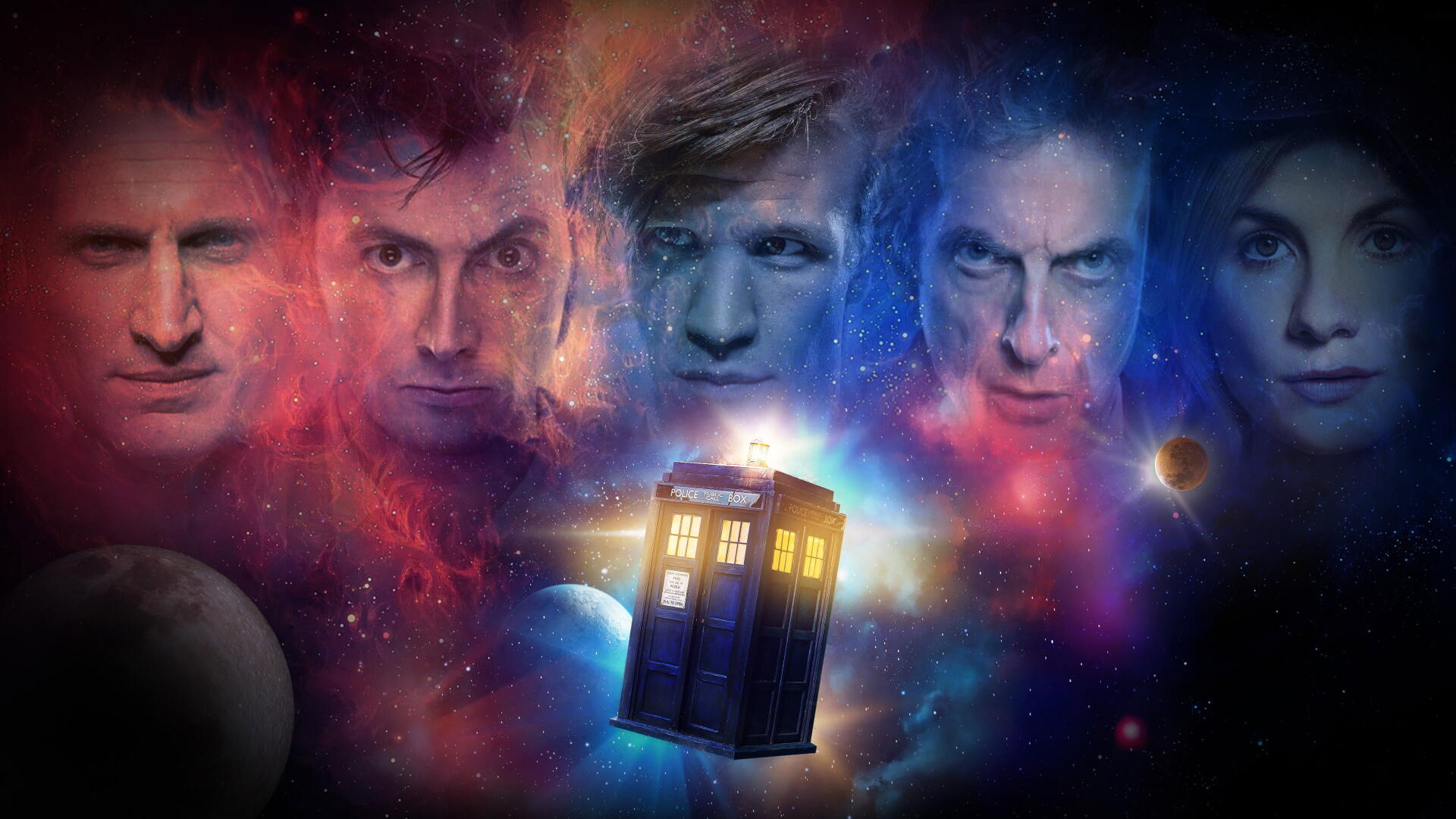 Doctor Who (2005) 4K PC wallpaper: cosmic montage of several Doctors' faces surrounding the glowing TARDIS amid colorful nebulae and distant planets.