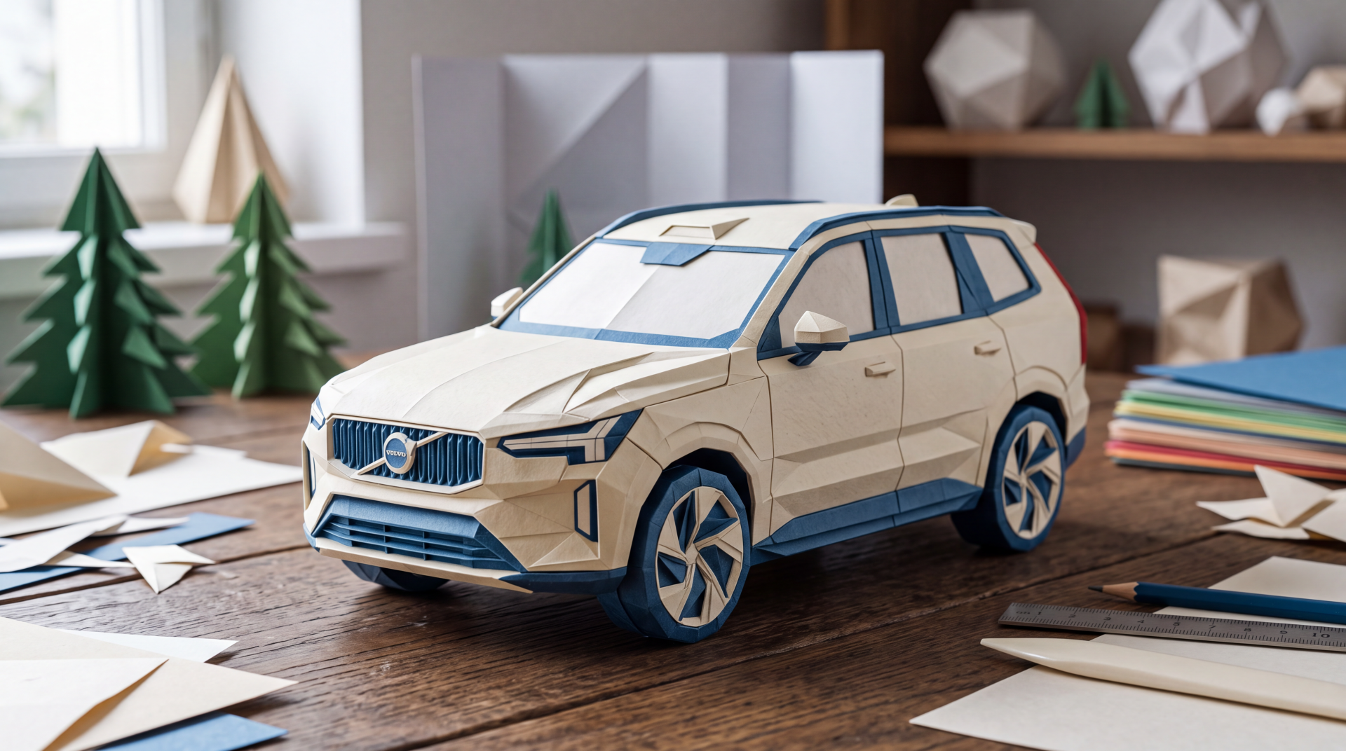 Paper-model Volvo toy car on a wooden desk surrounded by miniature trees and paper props — 5K Ultra HD PC desktop wallpaper background.