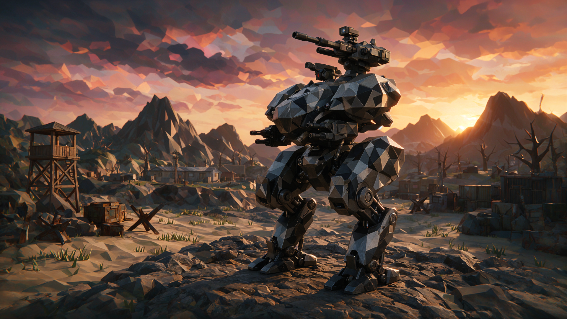 4K Ultra HD PC desktop wallpaper: a science fiction combat mech stands on rocky terrain at sunset overlooking a ruined outpost and distant mountains.