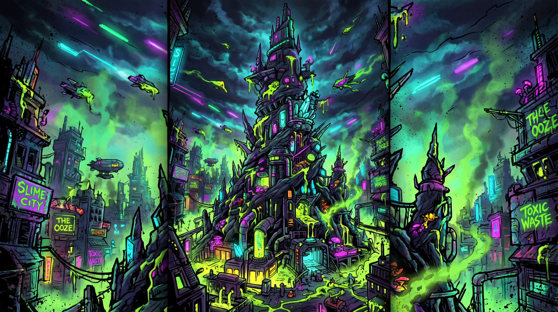 5K Ultra HD PC desktop wallpaper: neon cityscape with a looming black-spire castle tower, twisted turrets piercing glowing green-purple skies, hovering craft and neon-lit streets.
