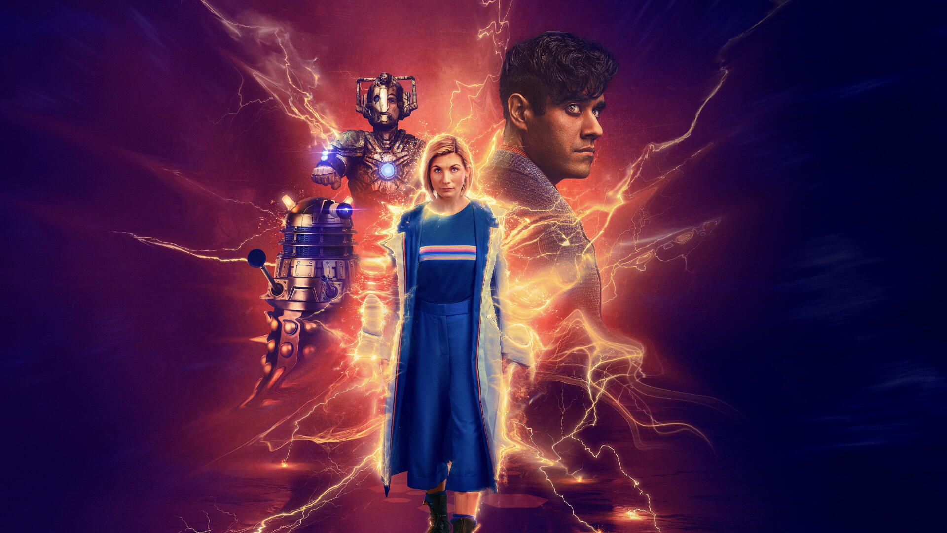 Doctor Who (2005) 4K Ultra HD PC desktop wallpaper: central female Doctor in blue coat, two companions and a Cyberman silhouette set against crackling, fiery energy.