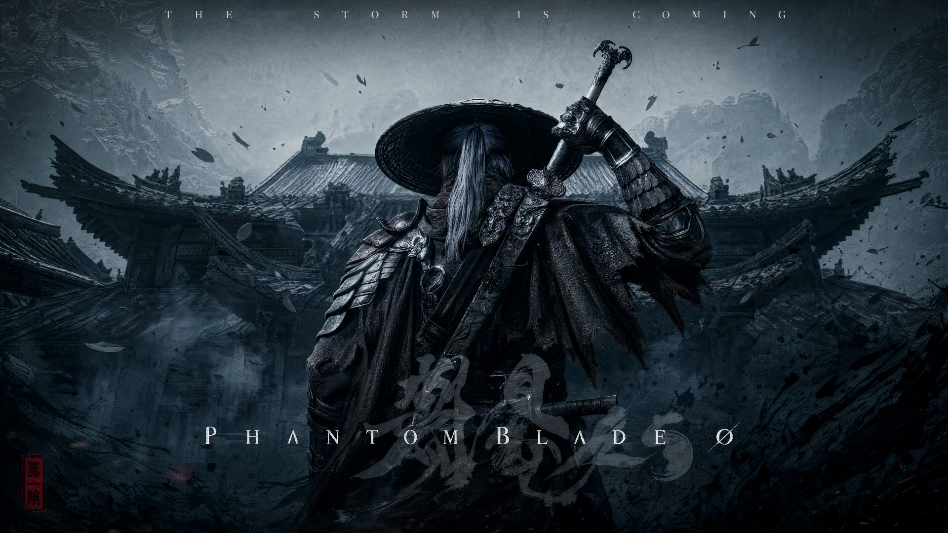 Phantom Blade Zero 4K Ultra HD PC wallpaper: cloaked samurai warrior in a wide straw hat raises a sword before a ruined temple as ash drifts through the dark sky.