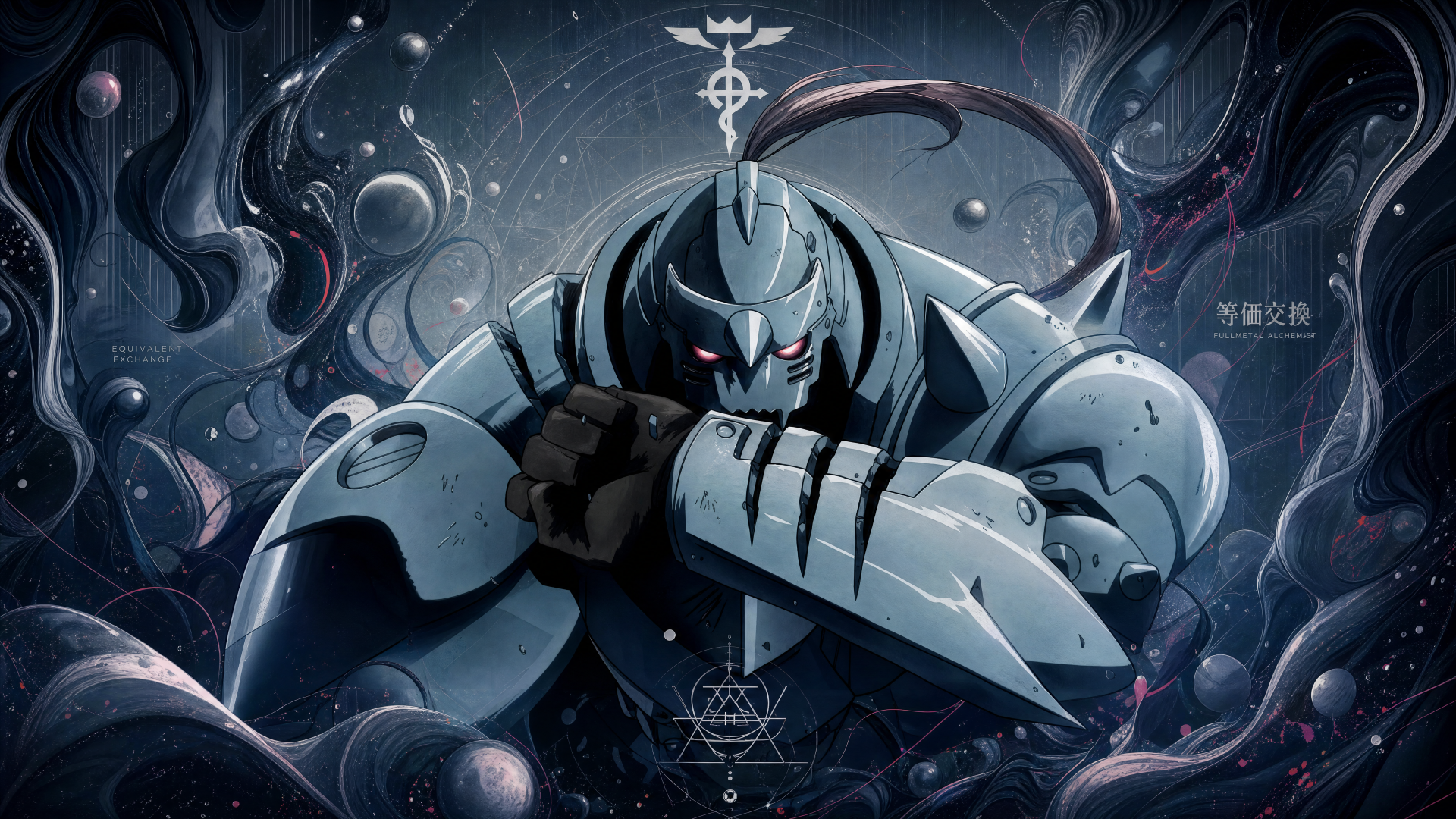 Alphonse Elric in armored form, crouched with arm raised amid swirling alchemical symbols and dark energy — 4K Ultra HD PC desktop wallpaper.