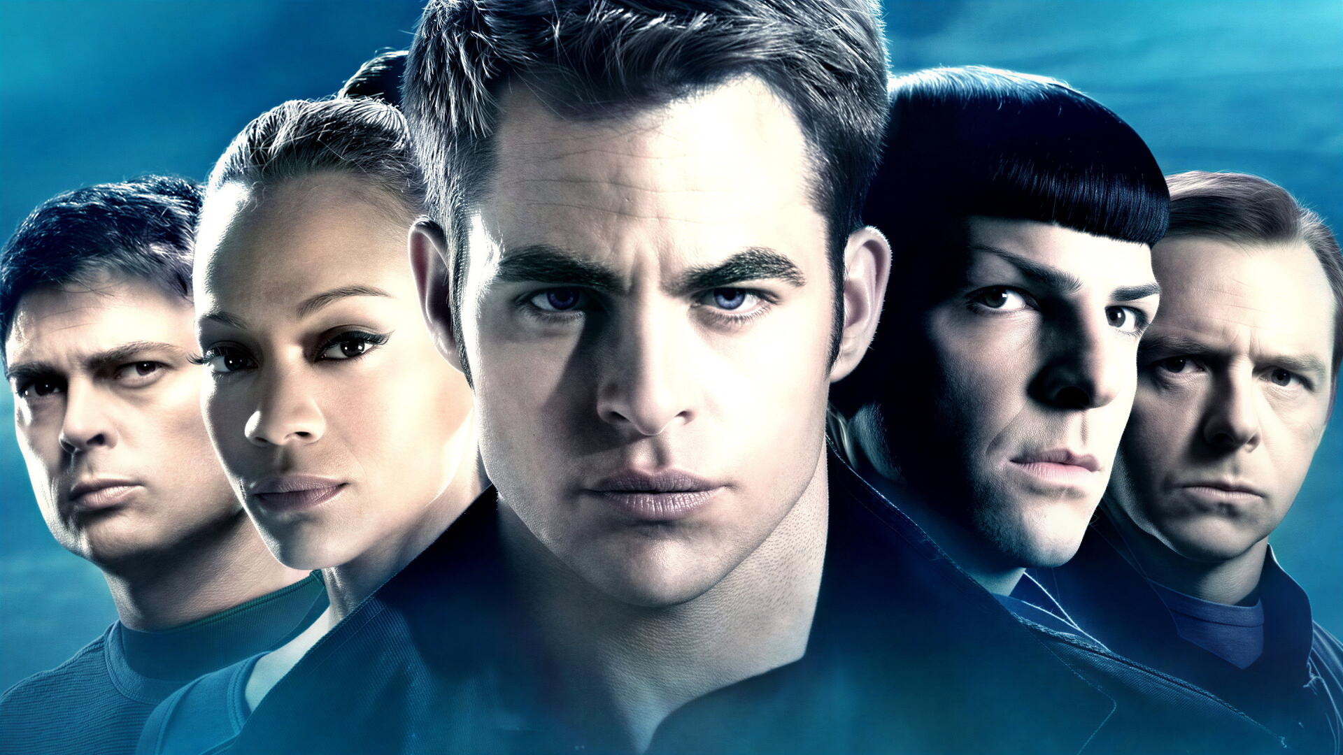 Star Trek 4K Ultra HD PC desktop wallpaper: close-up portrait of five stern Starfleet officers in dramatic blue lighting with a subtle starfield background.