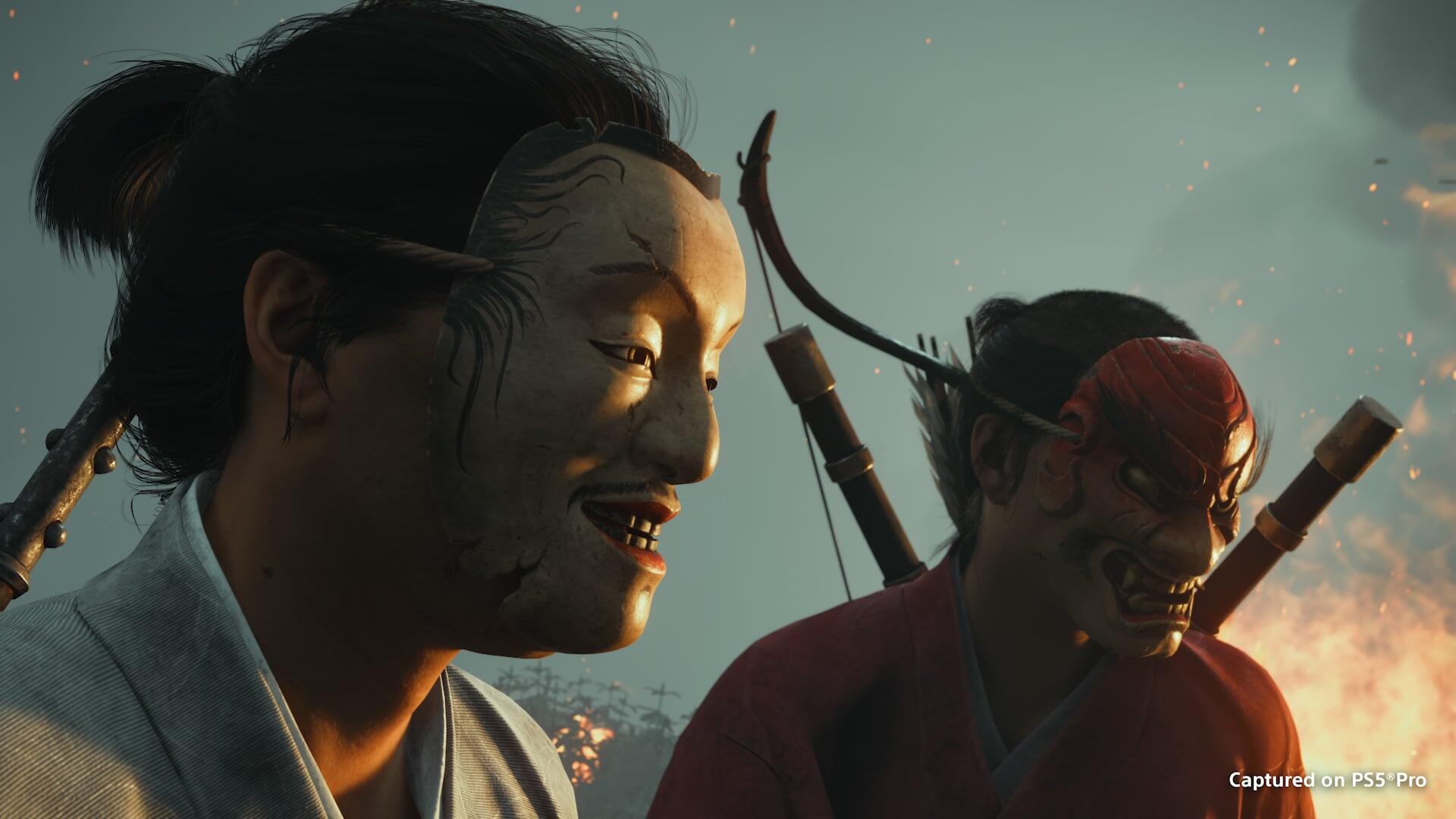 HD PC desktop wallpaper from the video game Ghost of Yōtei: anime-style samurai in white and red masks, backlit at dusk against a misty sky.