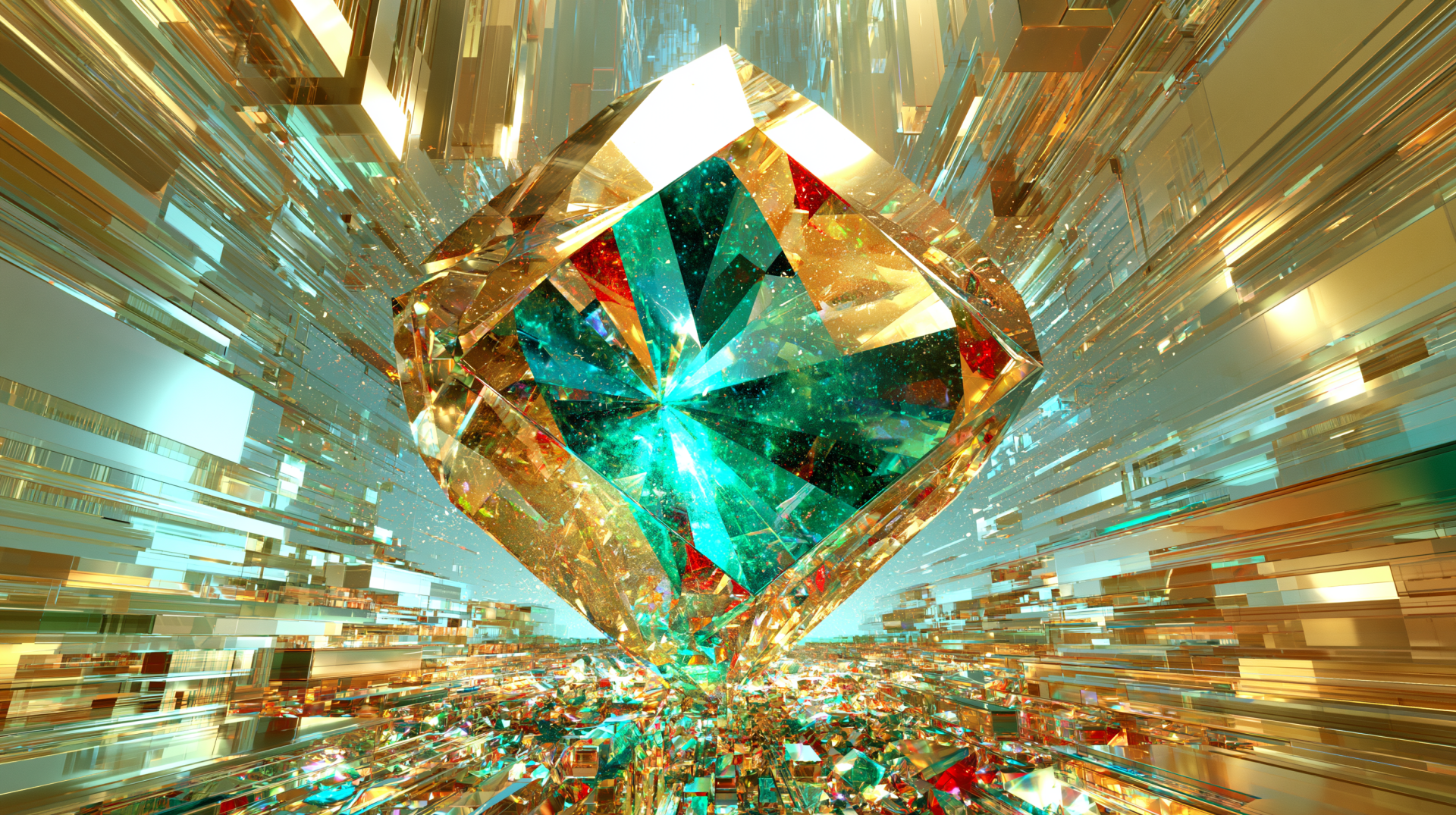Artistic 2K Quad HD PC desktop wallpaper of a radiant gem: emerald-and-gold faceted diamond crystal bursting light amid shimmering geometric prisms.