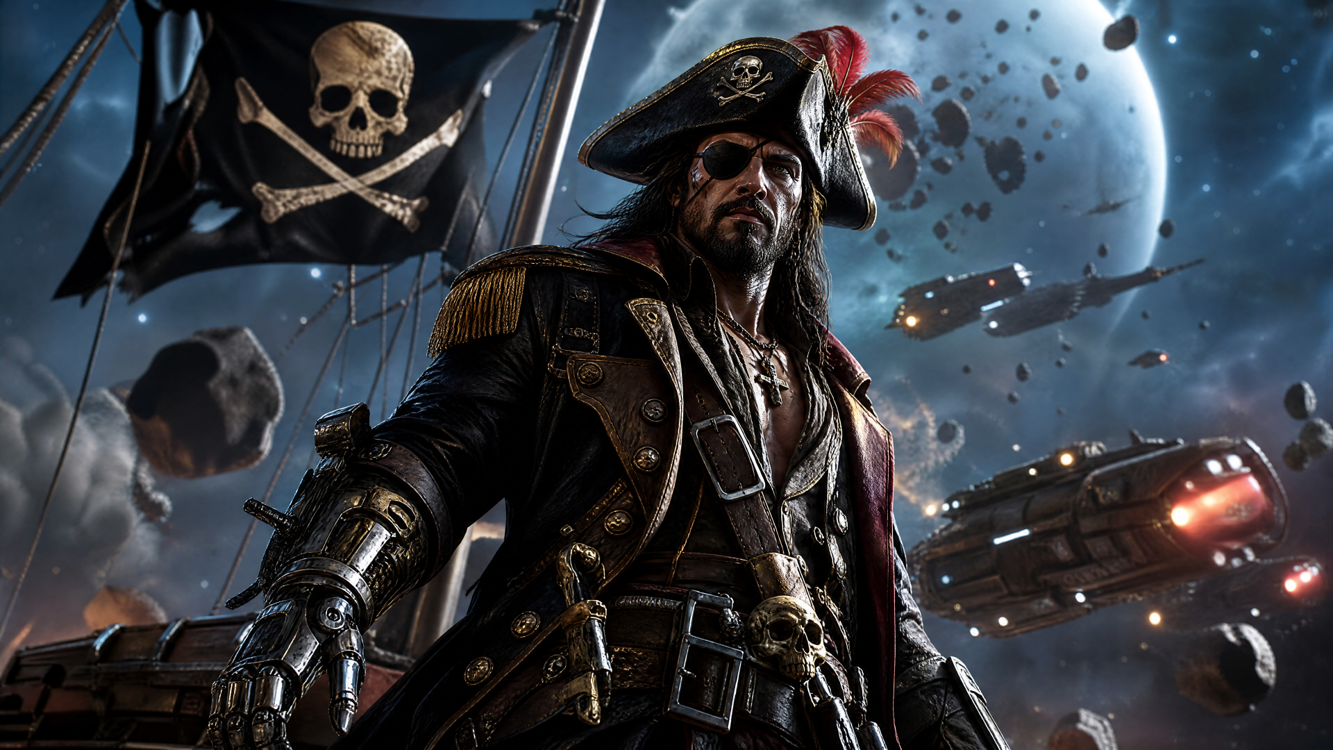 4K Ultra HD PC desktop wallpaper: imposing space pirate captain with skull-emblazoned flag, battered spaceship fleet and distant planet backdrop.