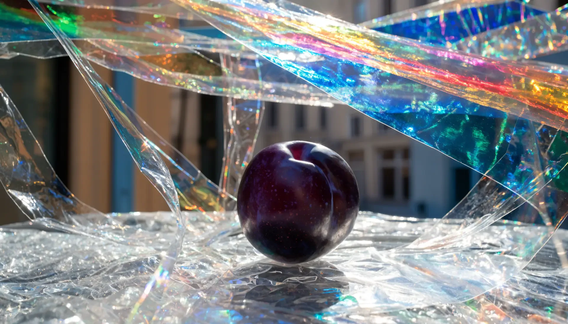 4K Ultra HD PC desktop wallpaper: glossy plum sphere (ball) rests on iridescent film, refracting rainbow light into a surreal desktop background.