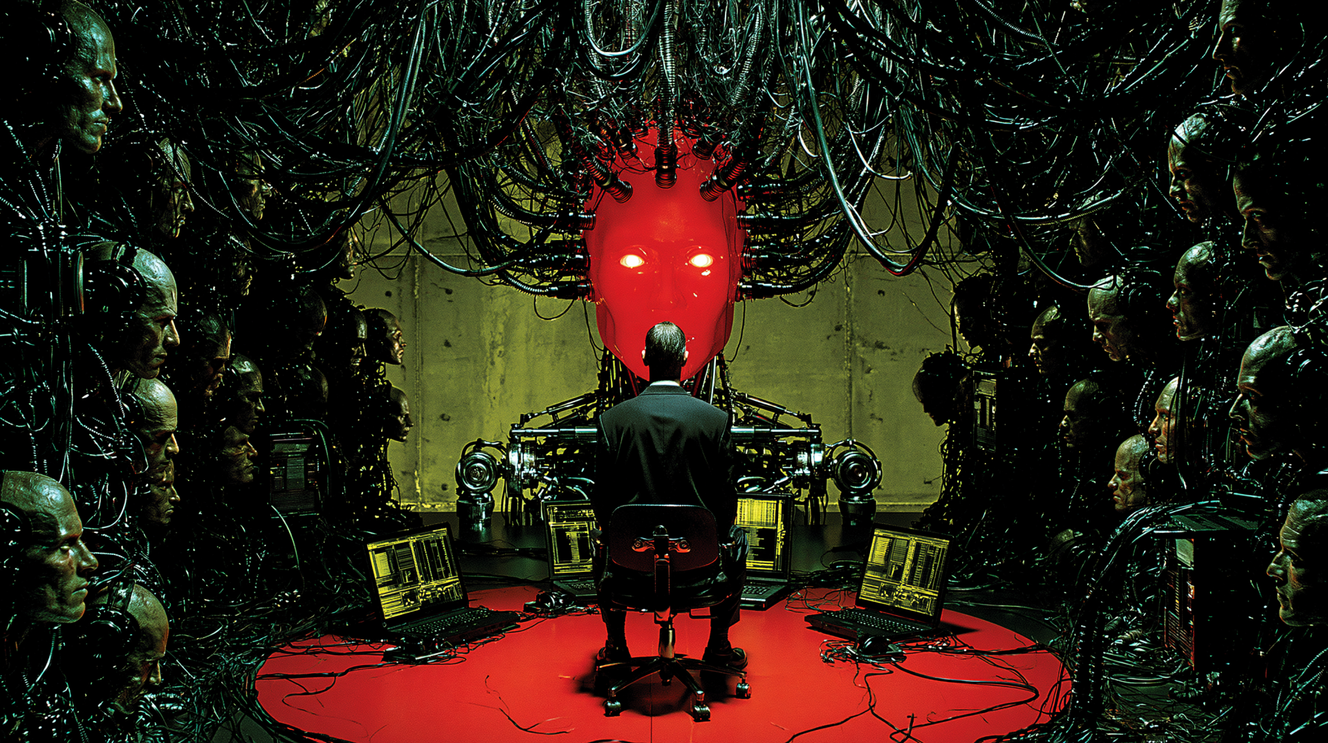 2K Quad HD sci‑fi PC wallpaper: a lone figure sits before a glowing red robotic throne of artificial intelligence in a dystopian chamber tangled with cables and towering mechanical figures.