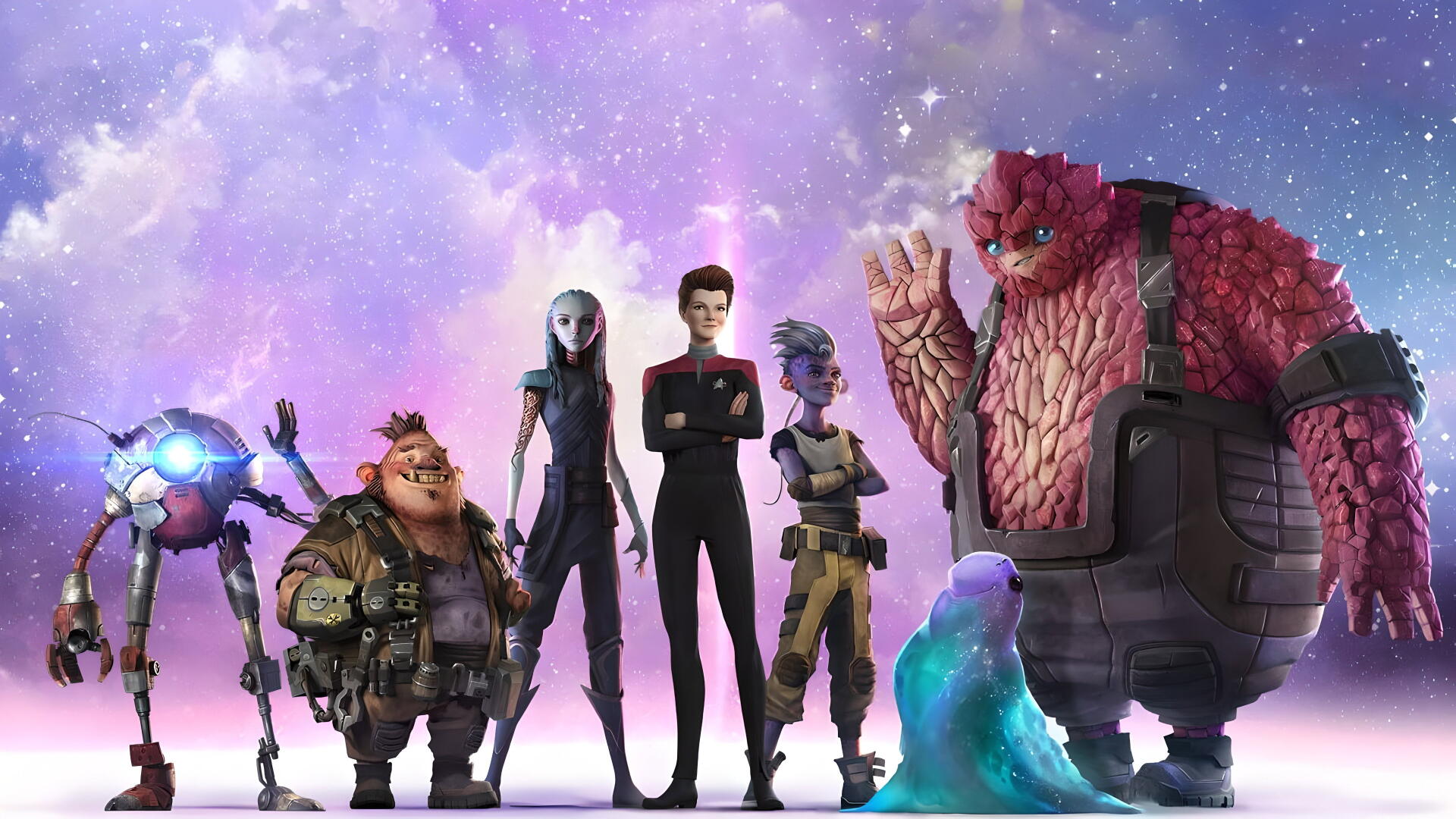 Star Trek: Prodigy animated crew standing before a purple starfield nebula, colorful characters and ship lights — 4K Ultra HD PC desktop wallpaper background.