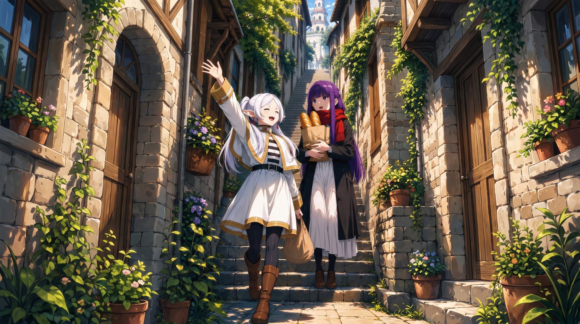 2K Quad HD wallpaper of Frieren and Fern from Frieren: Beyond Journey's End — two anime girls walking through a sunlit, fern-lined medieval town alley.