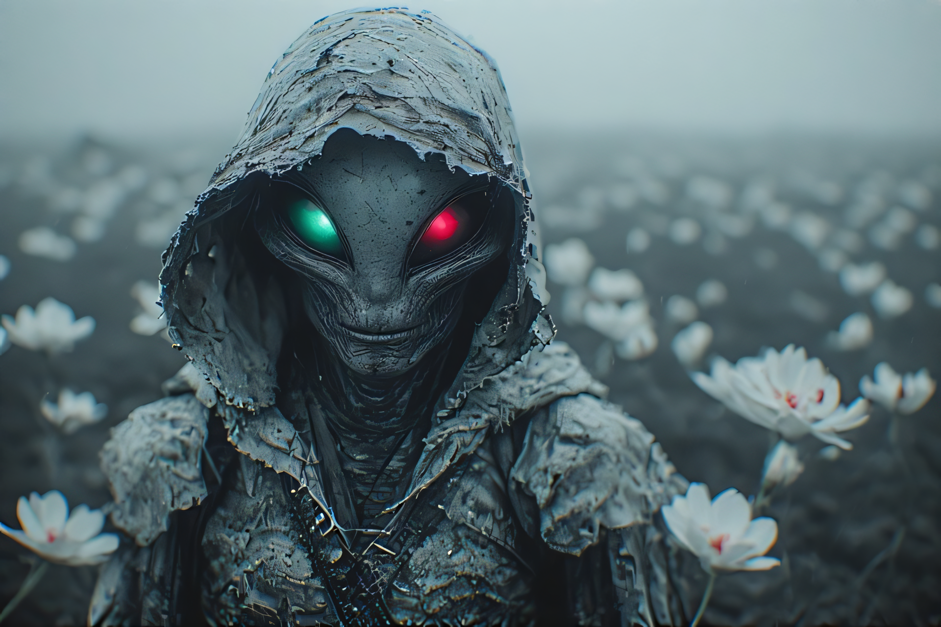 4K Ultra HD PC wallpaper: Alien GrayS character design — hooded gray extraterrestrial with glowing red and green eyes amid misty white flowers, space-inspired background.