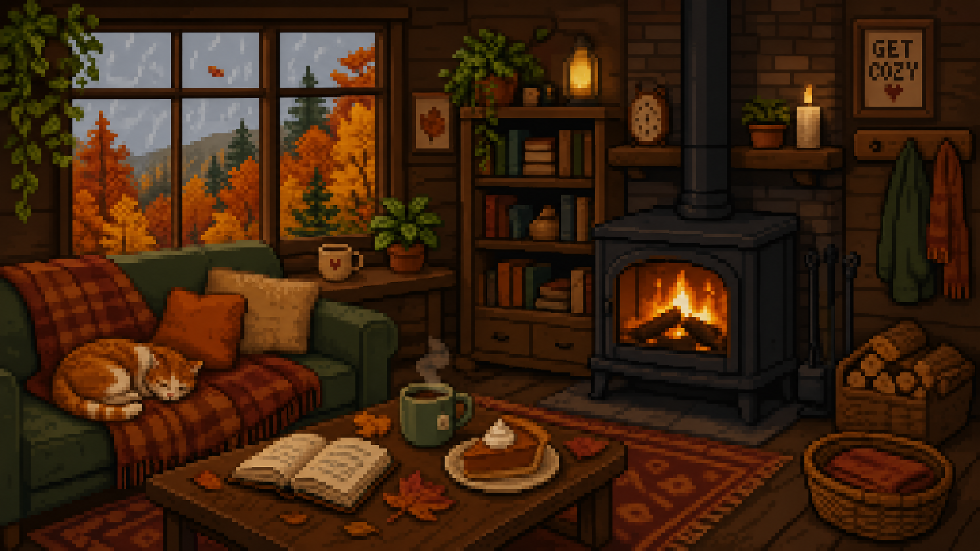 4K Ultra HD PC desktop wallpaper: cozy autumn cabin interior with glowing fireplace, cat on couch, open book and mug on coffee table, warm fall foliage visible through the window.