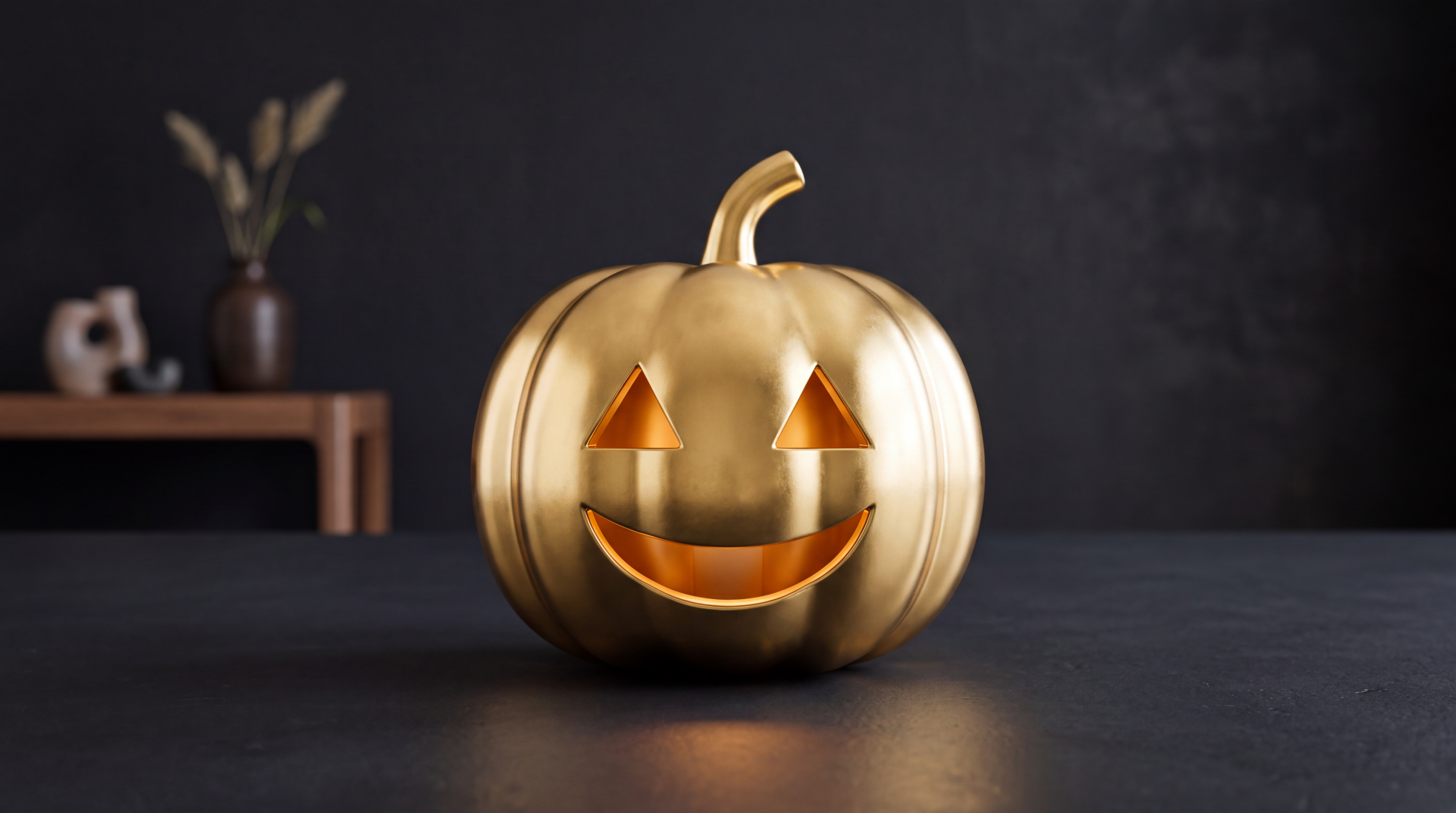 Minimal Halloween 5K Ultra HD desktop wallpaper: golden jack-o'-lantern pumpkin with smiling cutouts on a dark tabletop background.