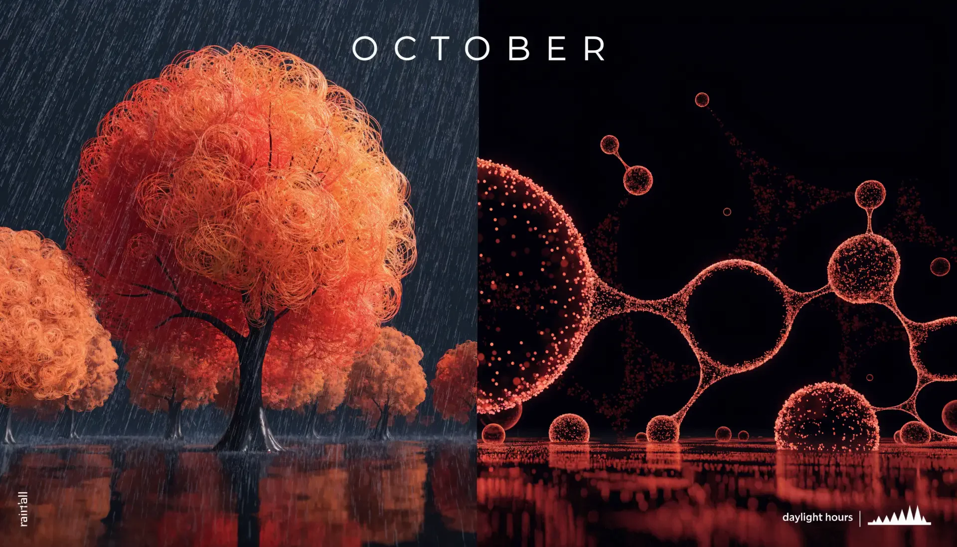 Split October aesthetic desktop wallpaper: left — glowing orange autumn trees reflected on water; right — abstract red molecular bubbles; 4K Ultra HD PC background.