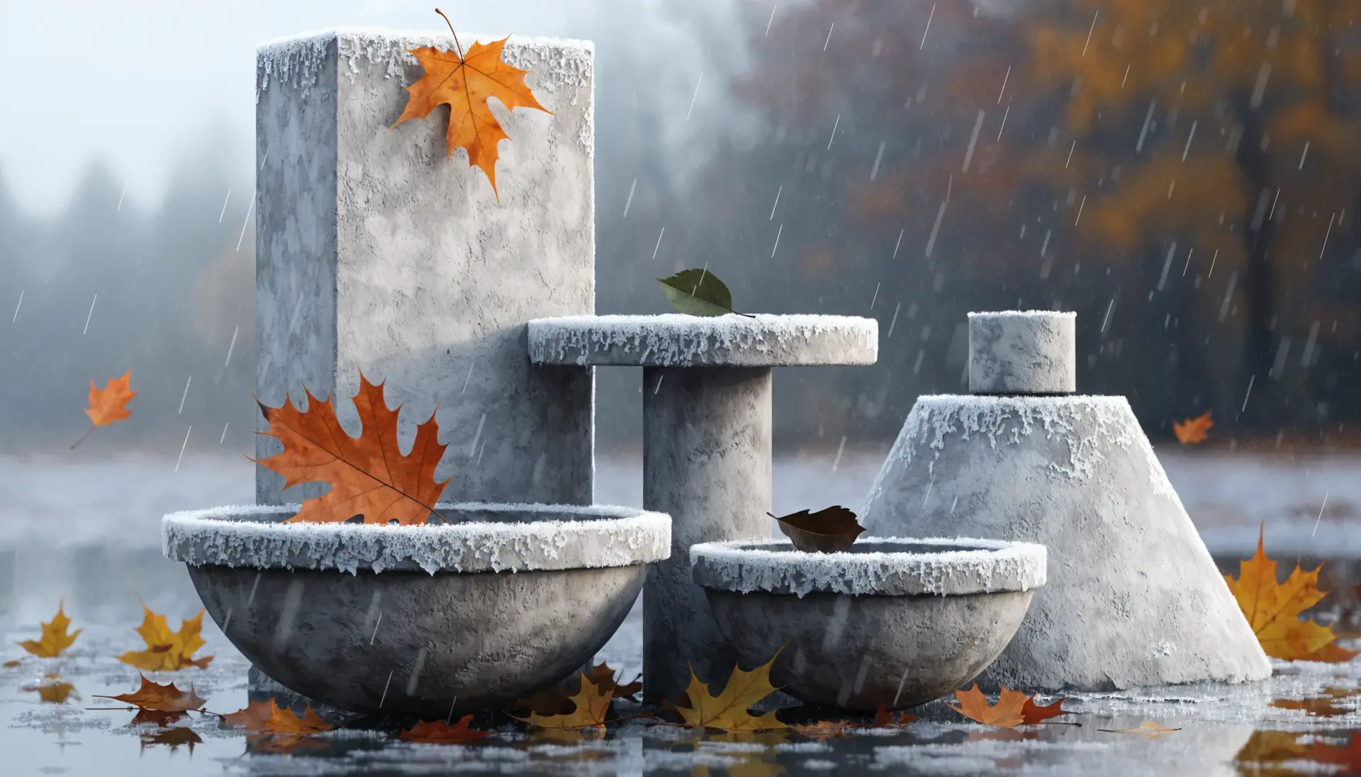 4K Ultra HD PC desktop wallpaper: rustic fall scene with stone bench and table, rain-splashed leaves on and around weathered concrete bowls and pedestals.