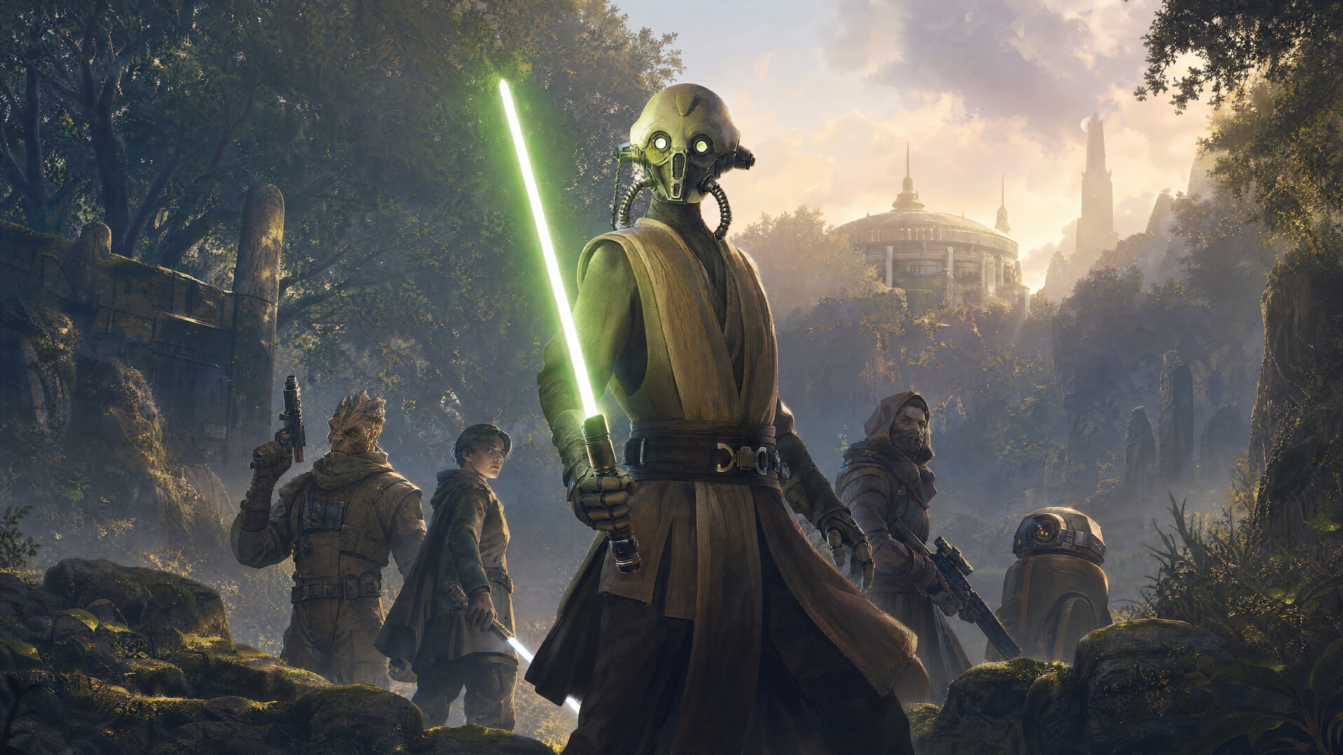 4K Ultra HD PC desktop wallpaper from Star Wars: Zero Company — video game art of a Jedi wielding a green lightsaber leading allies through a misty forested cityscape.