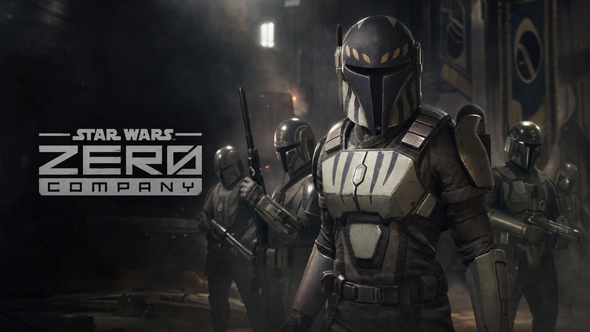 Star Wars: Zero Company 4K Ultra HD PC desktop wallpaper — armored soldier leads a squad through a dark, industrial corridor, promotional image for the video game.